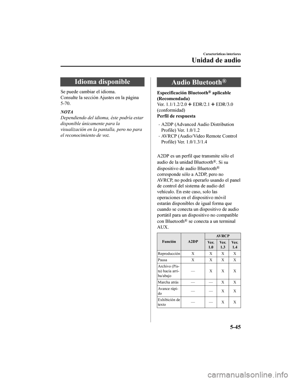 MAZDA MODEL CX-9 2019 Manual del propietario (in Spanish) Idioma disponible
Se puede cambiar el idioma.
Consulte la sección Ajustes en la página
5-70.
NOTA
Dependiendo del idioma, éste podría estar
disponible únicamente para la
visualización en la pant MAZDA MODEL CX-9 2019 Manual del propietario (in Spanish) Idioma disponible
Se puede cambiar el idioma.
Consulte la sección Ajustes en la página
5-70.
NOTA
Dependiendo del idioma, éste podría estar
disponible únicamente para la
visualización en la pant