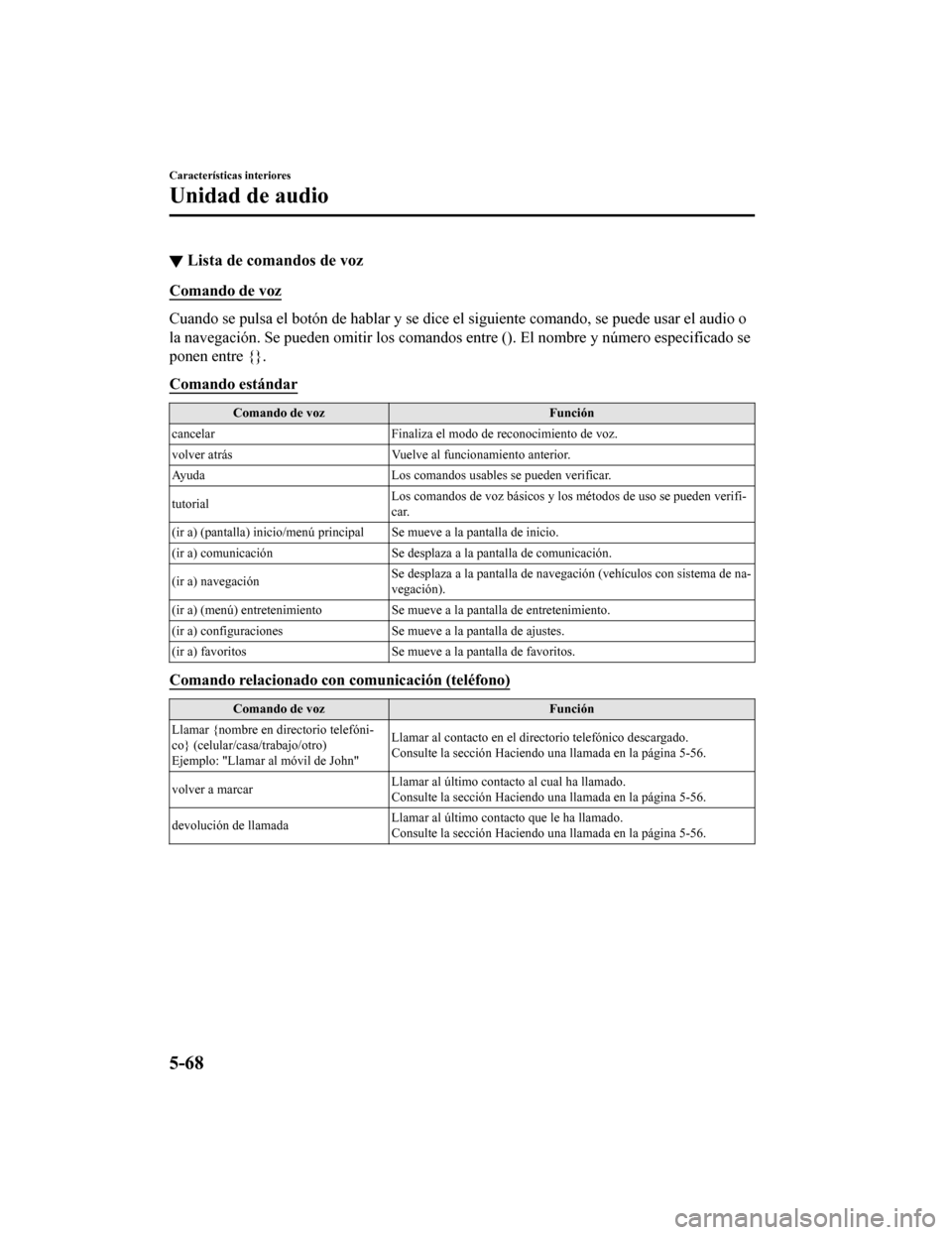 MAZDA MODEL CX-9 2019 Manual del propietario (in Spanish) ▼Lista de comandos de voz
Comando de voz
Cuando se pulsa el botón de hablar y se dice el siguiente coman
do, se puede usar el audio o
la navegación. Se pueden omitir los comandos entre (). El nomb MAZDA MODEL CX-9 2019 Manual del propietario (in Spanish) ▼Lista de comandos de voz
Comando de voz
Cuando se pulsa el botón de hablar y se dice el siguiente coman
do, se puede usar el audio o
la navegación. Se pueden omitir los comandos entre (). El nomb