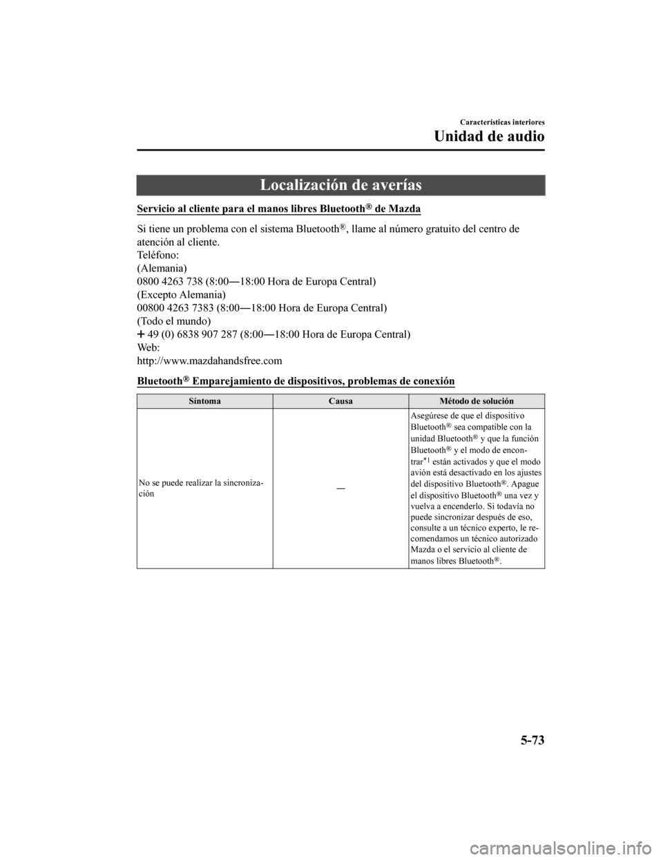 MAZDA MODEL CX-9 2019 Manual del propietario (in Spanish) Localización de averías
Servicio al cliente para el manos libres Bluetooth® de Mazda
Si tiene un problema con el sistema Bluetooth®, llame al número gratuito del centro de
atención al cliente.
T MAZDA MODEL CX-9 2019 Manual del propietario (in Spanish) Localización de averías
Servicio al cliente para el manos libres Bluetooth® de Mazda
Si tiene un problema con el sistema Bluetooth®, llame al número gratuito del centro de
atención al cliente.
T