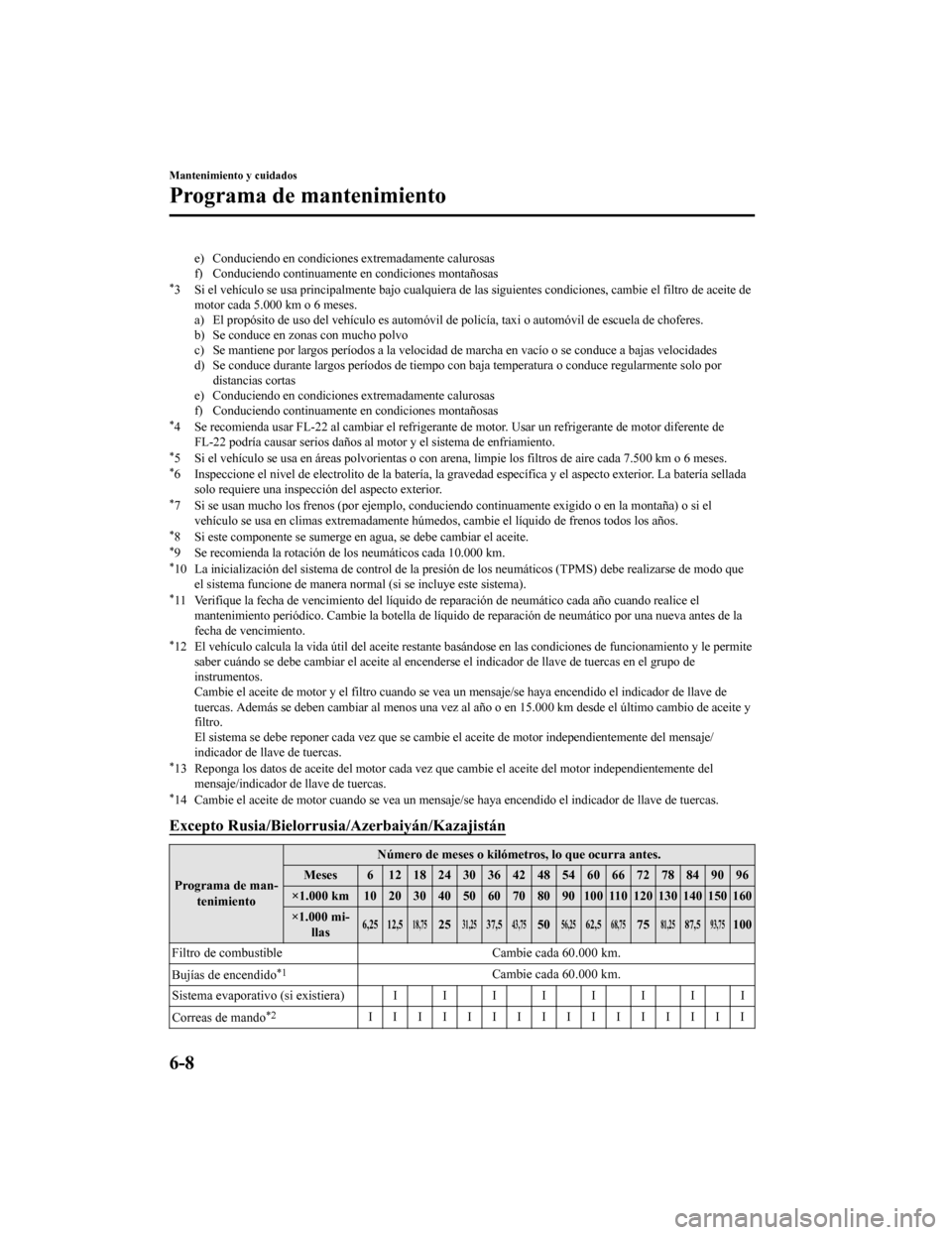 MAZDA MODEL CX-9 2019 Manual del propietario (in Spanish) e) Conduciendo en condiciones extremadamente calurosas
f) Conduciendo continuamente en condiciones montañosas
*3 Si el vehículo se usa principalmente bajo cualquiera de las siguientes condiciones, c MAZDA MODEL CX-9 2019 Manual del propietario (in Spanish) e) Conduciendo en condiciones extremadamente calurosas
f) Conduciendo continuamente en condiciones montañosas
*3 Si el vehículo se usa principalmente bajo cualquiera de las siguientes condiciones, c