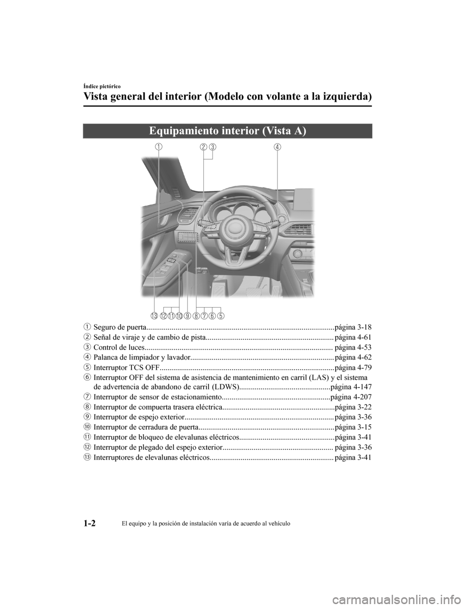 MAZDA MODEL CX-9 2019  Manual del propietario (in Spanish)  Equipamiento interior (Vista A)
ƒSeguro de puerta.................................................................................................página 3-18
„ Señal de viraje y de cambio de pi