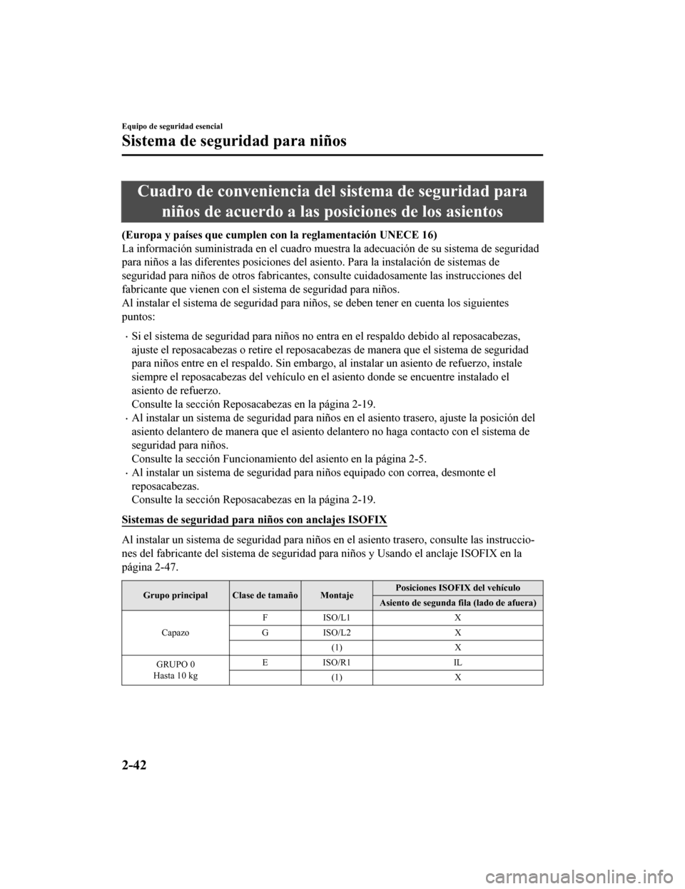 MAZDA MODEL CX-9 2019 Manual del propietario (in Spanish) Cuadro de conveniencia del sistema de seguridad paraniños de acuerdo a las posiciones de los asientos
(Europa y países que cumplen con la reglamentación UNECE 16)
La información suministrada en el MAZDA MODEL CX-9 2019 Manual del propietario (in Spanish) Cuadro de conveniencia del sistema de seguridad paraniños de acuerdo a las posiciones de los asientos
(Europa y países que cumplen con la reglamentación UNECE 16)
La información suministrada en el