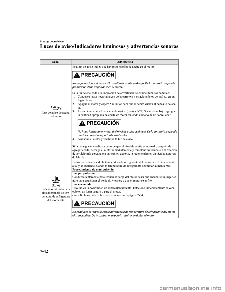 MAZDA MODEL CX-9 2019 Manual del propietario (in Spanish) SeñalAdvertencia
Luz de aviso de aceite
del motor Esta luz de aviso indica que hay
poca presión de aceite en el motor.
PRECAUCIÓN
No haga funcionar el motor si la presión de aceite está baja. De MAZDA MODEL CX-9 2019 Manual del propietario (in Spanish) SeñalAdvertencia
Luz de aviso de aceite
del motor Esta luz de aviso indica que hay
poca presión de aceite en el motor.
PRECAUCIÓN
No haga funcionar el motor si la presión de aceite está baja. De
