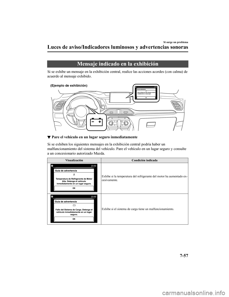 MAZDA MODEL CX-9 2019 Manual del propietario (in Spanish) Mensaje indicado en la exhibición
Si se exhibe un mensaje en la exhibición central, realice las acciones acordes (con calma) de
acuerdo al mensaje exhibido.
(Ejemplo de exhibición)
▼ Pare el ve MAZDA MODEL CX-9 2019 Manual del propietario (in Spanish) Mensaje indicado en la exhibición
Si se exhibe un mensaje en la exhibición central, realice las acciones acordes (con calma) de
acuerdo al mensaje exhibido.
(Ejemplo de exhibición)
▼ Pare el ve