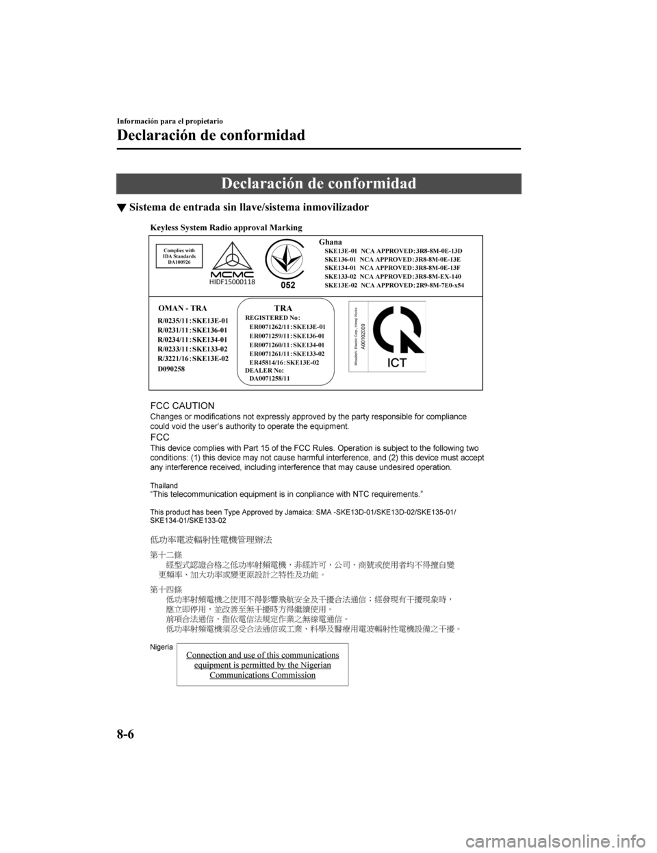MAZDA MODEL CX-9 2019 Manual del propietario (in Spanish) Declaración de conformidad
▼Sistema de entrada sin l
lave/sistema inmovilizador
Información para el propietario
Declaración de conformidad
8-6
CX-9_8GC9-SP-17G_Edition1 2017-6-17 15:32:43 MAZDA MODEL CX-9 2019 Manual del propietario (in Spanish) Declaración de conformidad
▼Sistema de entrada sin l
lave/sistema inmovilizador
Información para el propietario
Declaración de conformidad
8-6
CX-9_8GC9-SP-17G_Edition1 2017-6-17 15:32:43