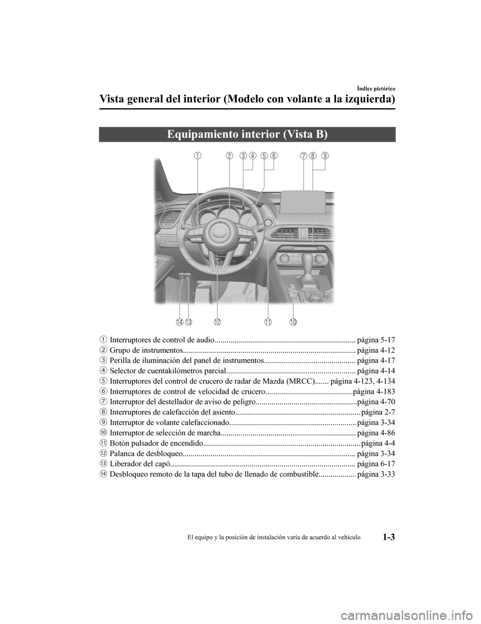 MAZDA MODEL CX-9 2019  Manual del propietario (in Spanish)  Equipamiento interior (Vista B)
ƒInterruptores de control de audio.............................. ......................................... página 5-17
„ Grupo de instrumentos....................