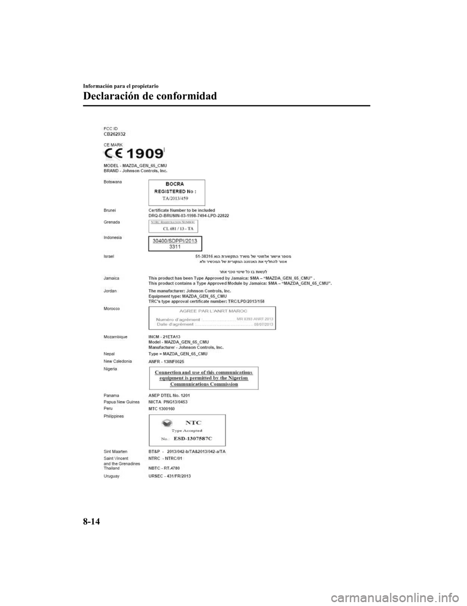 MAZDA MODEL CX-9 2019 Manual del propietario (in Spanish) Información para el propietario
Declaración de conformidad
8-14
CX-9_8GC9-SP-17G_Edition12017-6-17 15:32:43 MAZDA MODEL CX-9 2019 Manual del propietario (in Spanish) Información para el propietario
Declaración de conformidad
8-14
CX-9_8GC9-SP-17G_Edition12017-6-17 15:32:43