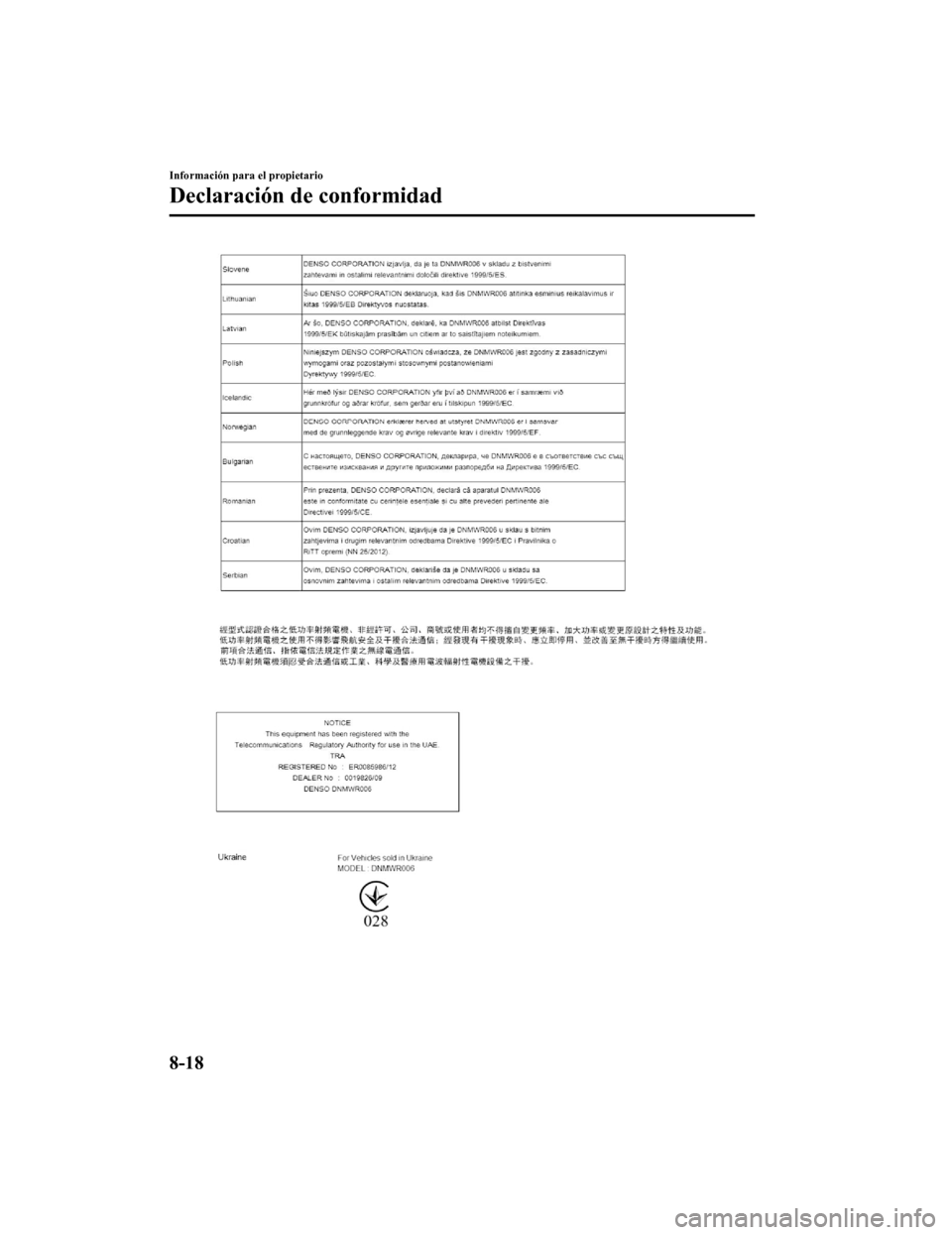 MAZDA MODEL CX-9 2019 Manual del propietario (in Spanish) Información para el propietario
Declaración de conformidad
8-18
CX-9_8GC9-SP-17G_Edition12017-6-17 15:32:43 MAZDA MODEL CX-9 2019 Manual del propietario (in Spanish) Información para el propietario
Declaración de conformidad
8-18
CX-9_8GC9-SP-17G_Edition12017-6-17 15:32:43