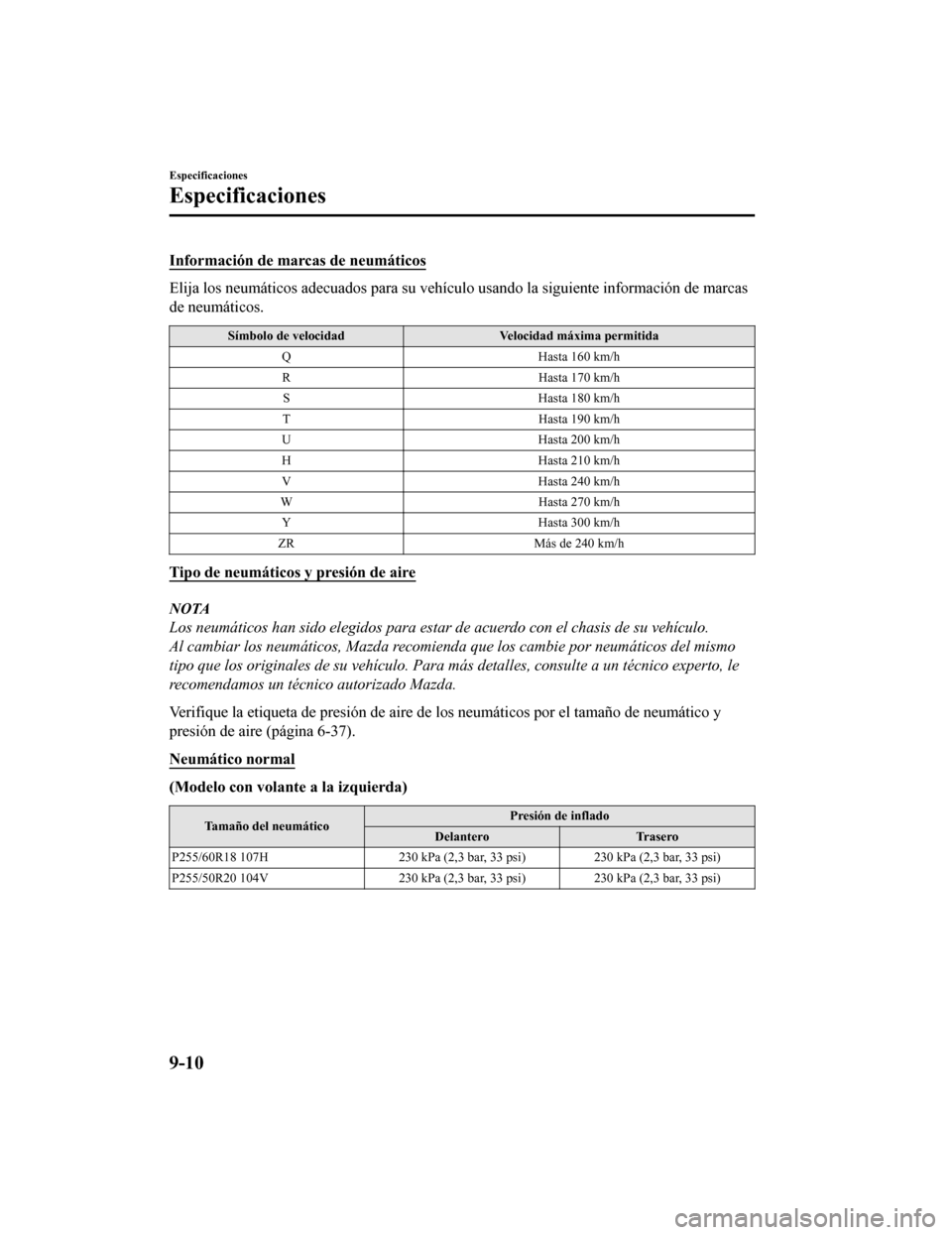 MAZDA MODEL CX-9 2019 Manual del propietario (in Spanish) Información de marcas de neumáticos
Elija los neumáticos adecuados para su vehículo usando la siguiente información de marcas
de neumáticos.
Símbolo de velocidad Velocidad máxima permitida
QH MAZDA MODEL CX-9 2019 Manual del propietario (in Spanish) Información de marcas de neumáticos
Elija los neumáticos adecuados para su vehículo usando la siguiente información de marcas
de neumáticos.
Símbolo de velocidad Velocidad máxima permitida
QH