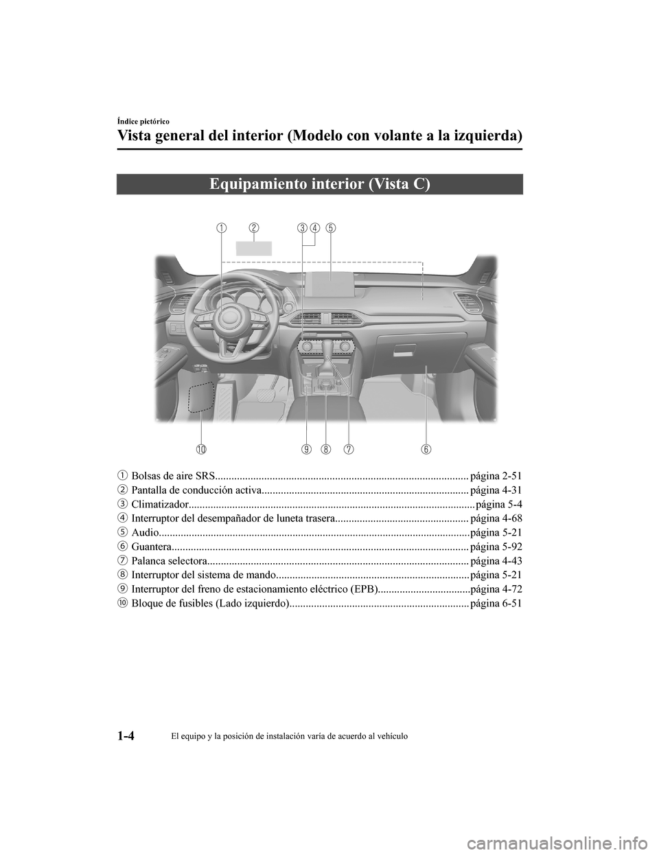 MAZDA MODEL CX-9 2019  Manual del propietario (in Spanish)  Equipamiento interior (Vista C)
ƒBolsas de aire SRS............................................. ................................................ página 2-51
„ Pantalla de conducción a ctiva...