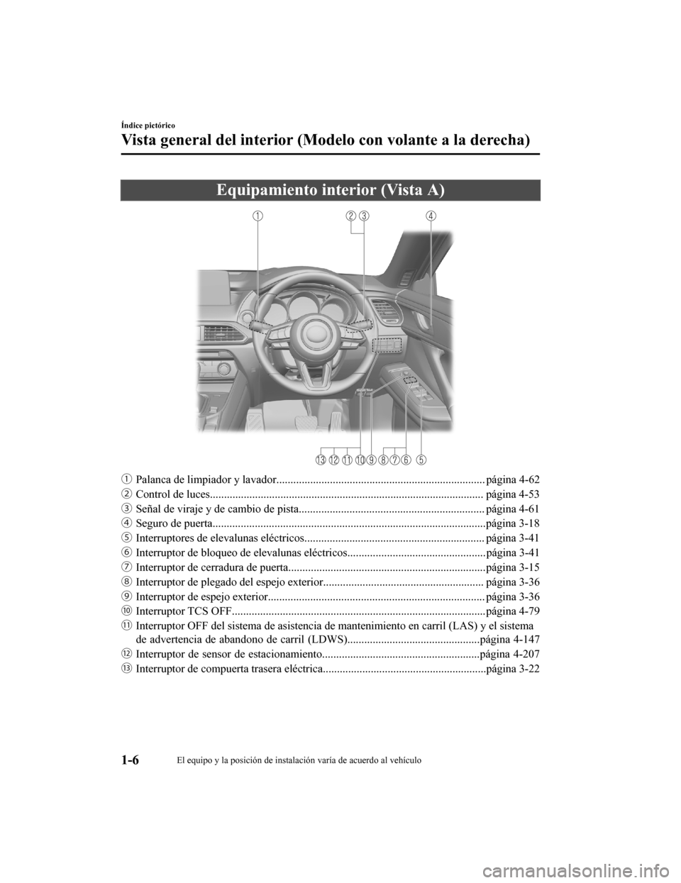 MAZDA MODEL CX-9 2019  Manual del propietario (in Spanish)  Equipamiento interior (Vista A)
ƒPalanca de limpiador y l avador................................. ......................................... página 4-62
„ Control de luc es.......................