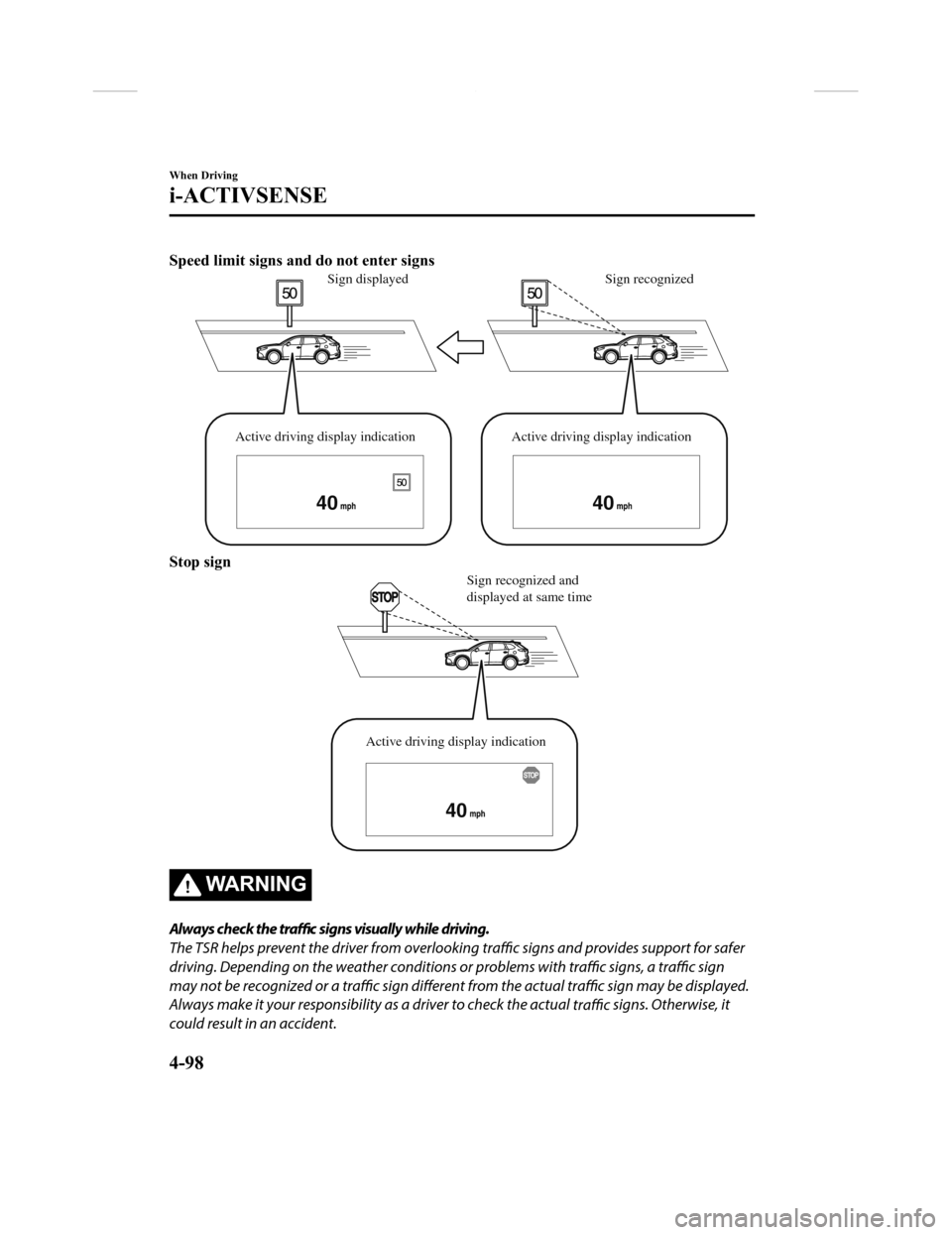 MAZDA MODEL CX-9 2018   (in English) User Guide Speed limit signs and do not enter signs
4040
Sign recognized
Sign displayed
Active driving display indication Active driving display indication
Stop sign
40
Sign recognized and 
displayed at same tim