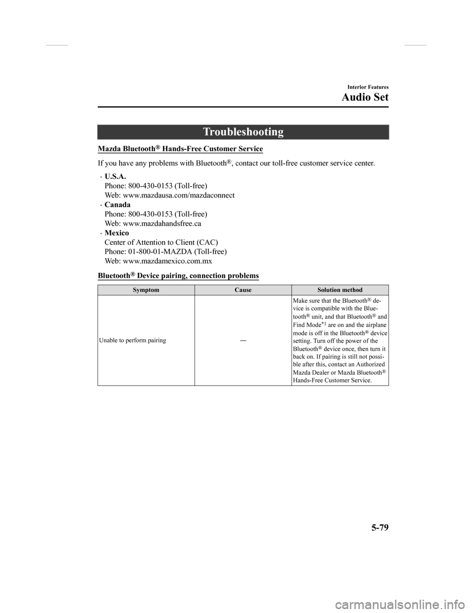 MAZDA MODEL CX-9 2018  Owners Manual (in English) Troubleshooting
Mazda Bluetooth® Hands-Free Customer Service
If you have any problems with Bluetooth®, contact our toll-free customer service center.
•U.S.A.
Phone: 800-430-0153 (Toll-free)
Web: w
