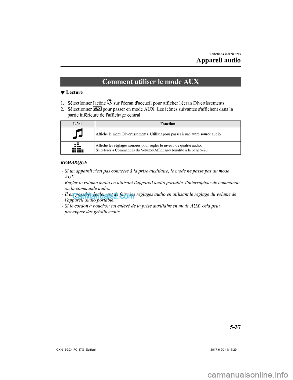 MAZDA MODEL CX-9 2018 Manuel du propriétaire (in French) Comment utiliser le mode AUX
▼Lecture
1. Sélectionner licône sur lécran daccueil pour afficher lécran Divertissements.
2. Sélectionner
pour passer en mode AUX. Les icônes suivantes saf MAZDA MODEL CX-9 2018 Manuel du propriétaire (in French) Comment utiliser le mode AUX
▼Lecture
1. Sélectionner licône sur lécran daccueil pour afficher lécran Divertissements.
2. Sélectionner
pour passer en mode AUX. Les icônes suivantes saf