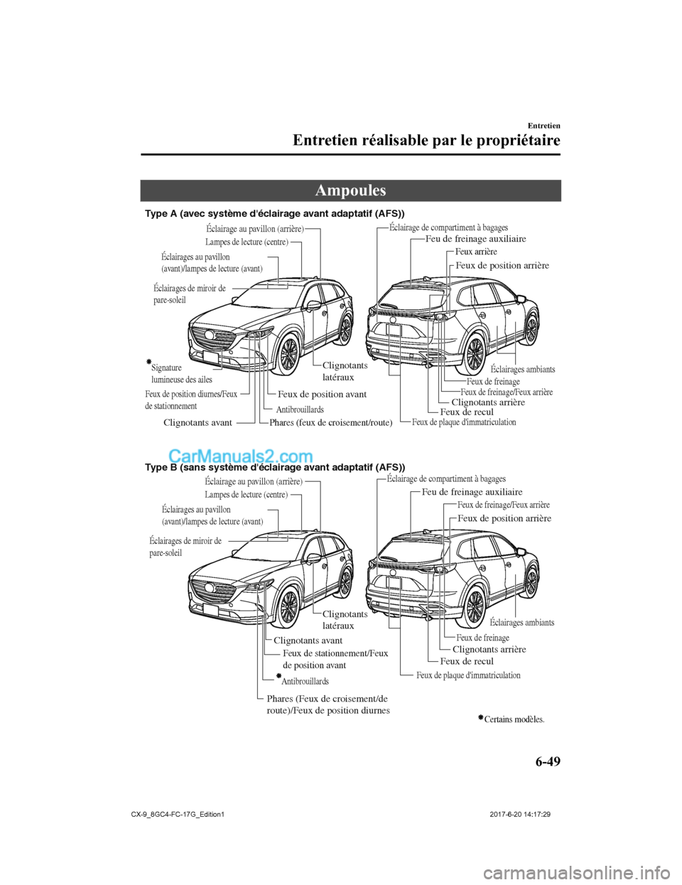 MAZDA MODEL CX-9 2018 Manuel du propriétaire (in French) Ampoules
Type A (avec système déclairage avant adaptatif (AFS))
Type B (sans système déclairage avant adaptatif (AFS))Feux de position arrière
Clignotants arrière
Feux de freinage
Feux de plaq MAZDA MODEL CX-9 2018 Manuel du propriétaire (in French) Ampoules
Type A (avec système déclairage avant adaptatif (AFS))
Type B (sans système déclairage avant adaptatif (AFS))Feux de position arrière
Clignotants arrière
Feux de freinage
Feux de plaq