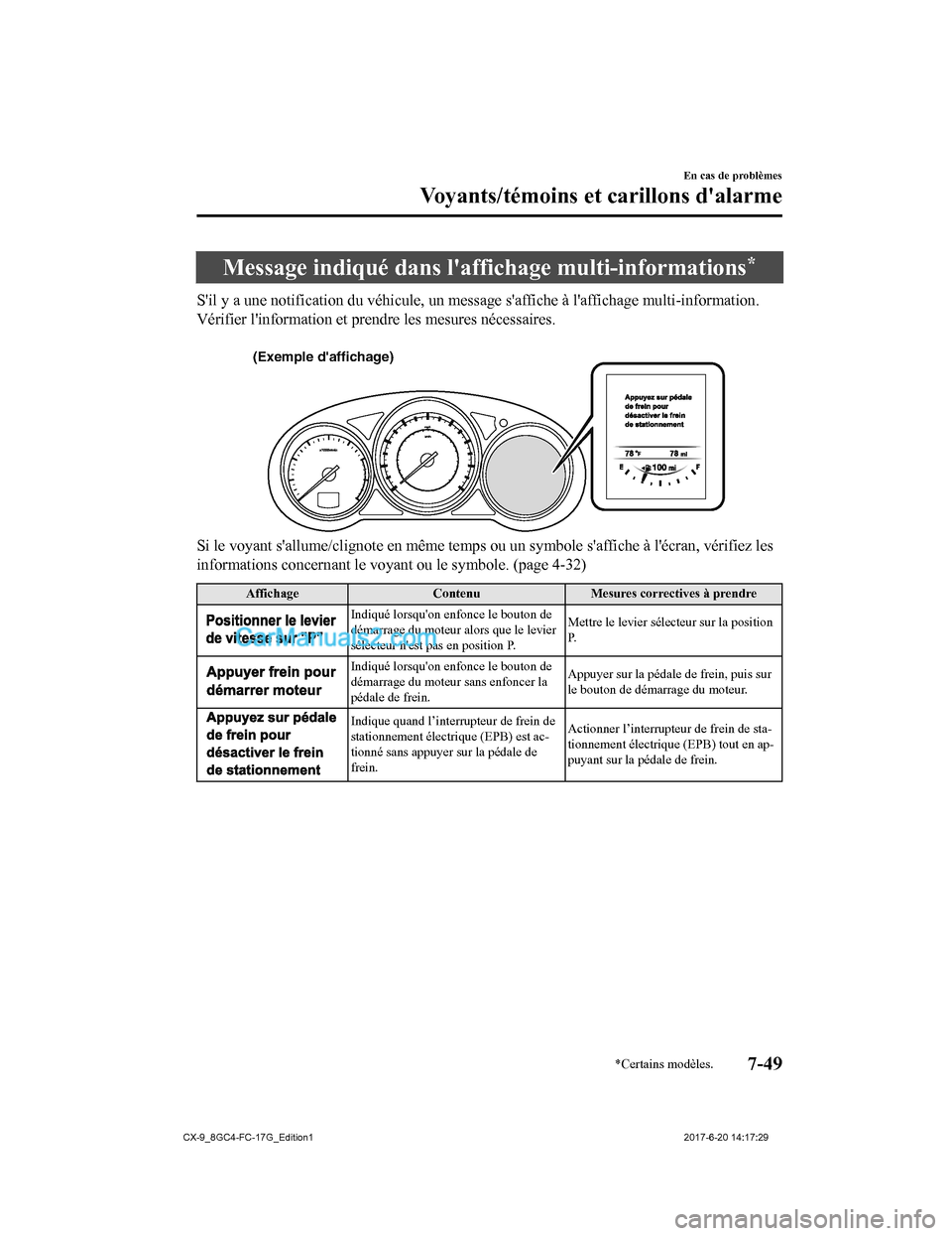 MAZDA MODEL CX-9 2018  Manuel du propriétaire (in French) Message indiqué dans laffichage multi-informations*
Sil y a une notification du véhicule, un message saffiche à laffichage multi-information.
Vérifier linformatio n et prendre les mesures né