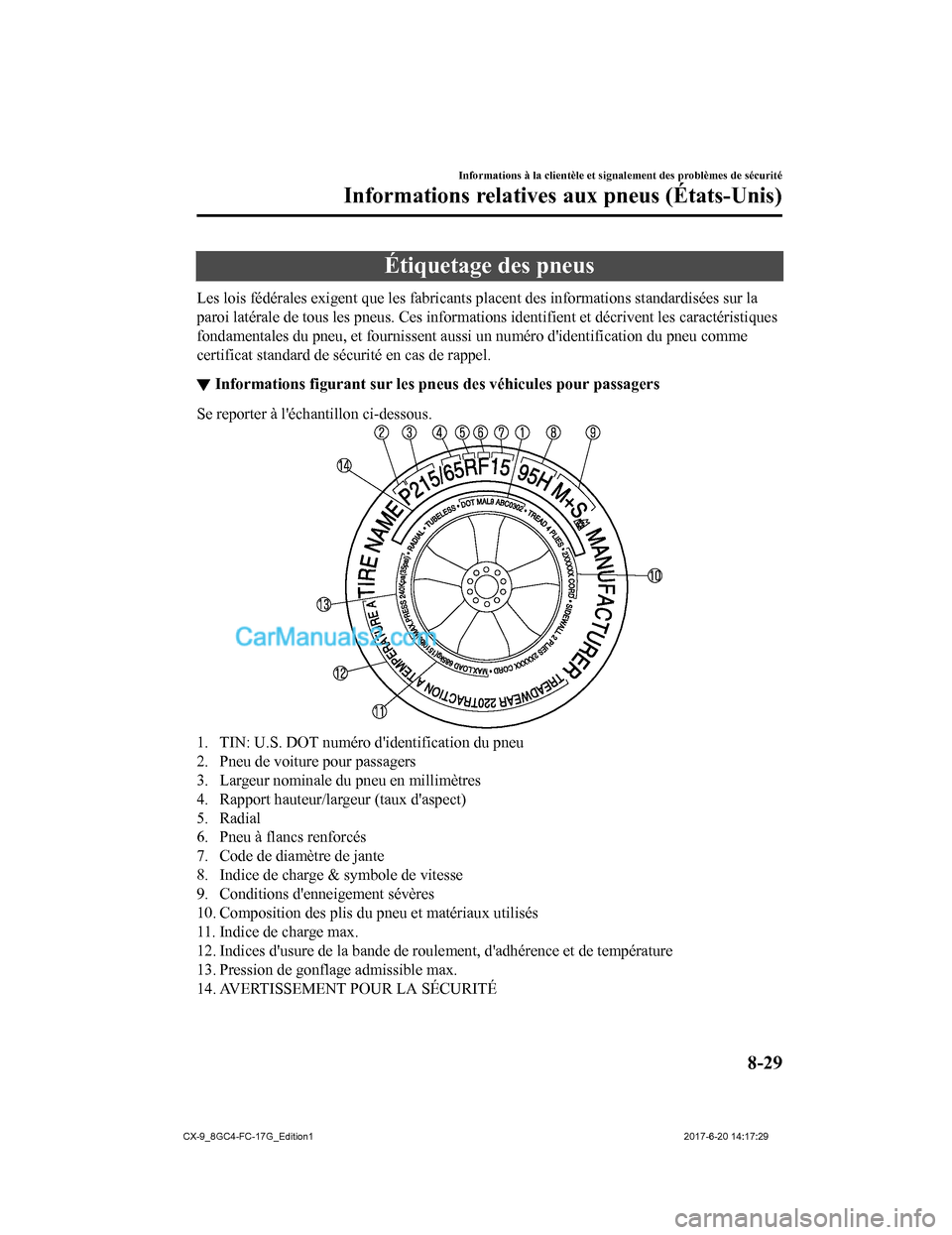 MAZDA MODEL CX-9 2018  Manuel du propriétaire (in French) Étiquetage des pneus
Les lois fédérales exigent que les fabricants placent des informations standardisées sur la
paroi latérale de tous les pneus. Ces informations identifient  et décrivent les 