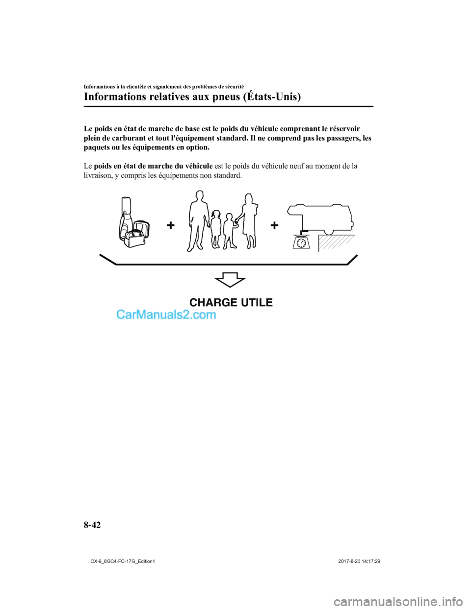 MAZDA MODEL CX-9 2018  Manuel du propriétaire (in French) Le poids en état de marche de base est le poids du véhicule comprenant le réservoir
plein de carburant et tout léqu ipement standard. Il ne compren d pas les passagers, les
paquets ou les équipe