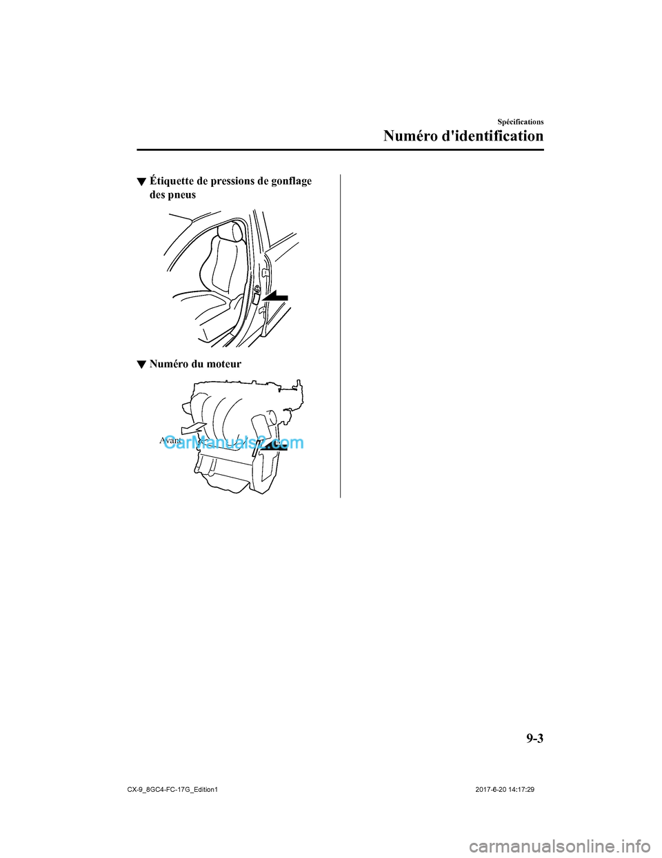 MAZDA MODEL CX-9 2018  Manuel du propriétaire (in French) ▼Étiquette de pressions de gonflage
des pneus
▼Numéro du moteur
Avant
Spécifications
Numéro didentification
9-3
CX-9_8GC4-FC-17G_Edition1
2017-6-20 14:17:29  
