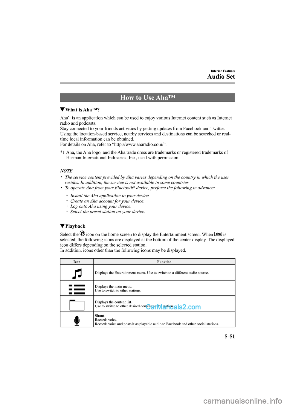 MAZDA MODEL CX-9 2017 Owners Manual (in English) 5–51
Interior Features
Audio Set
How to Use Aha™
What is Aha™?
Aha *1 is an application which can be used to enjoy various Internet content such as Internet
radio and podcasts.
St MAZDA MODEL CX-9 2017 Owners Manual (in English) 5–51
Interior Features
Audio Set
How to Use Aha™
What is Aha™?
Aha *1 is an application which can be used to enjoy various Internet content such as Internet
radio and podcasts.
St