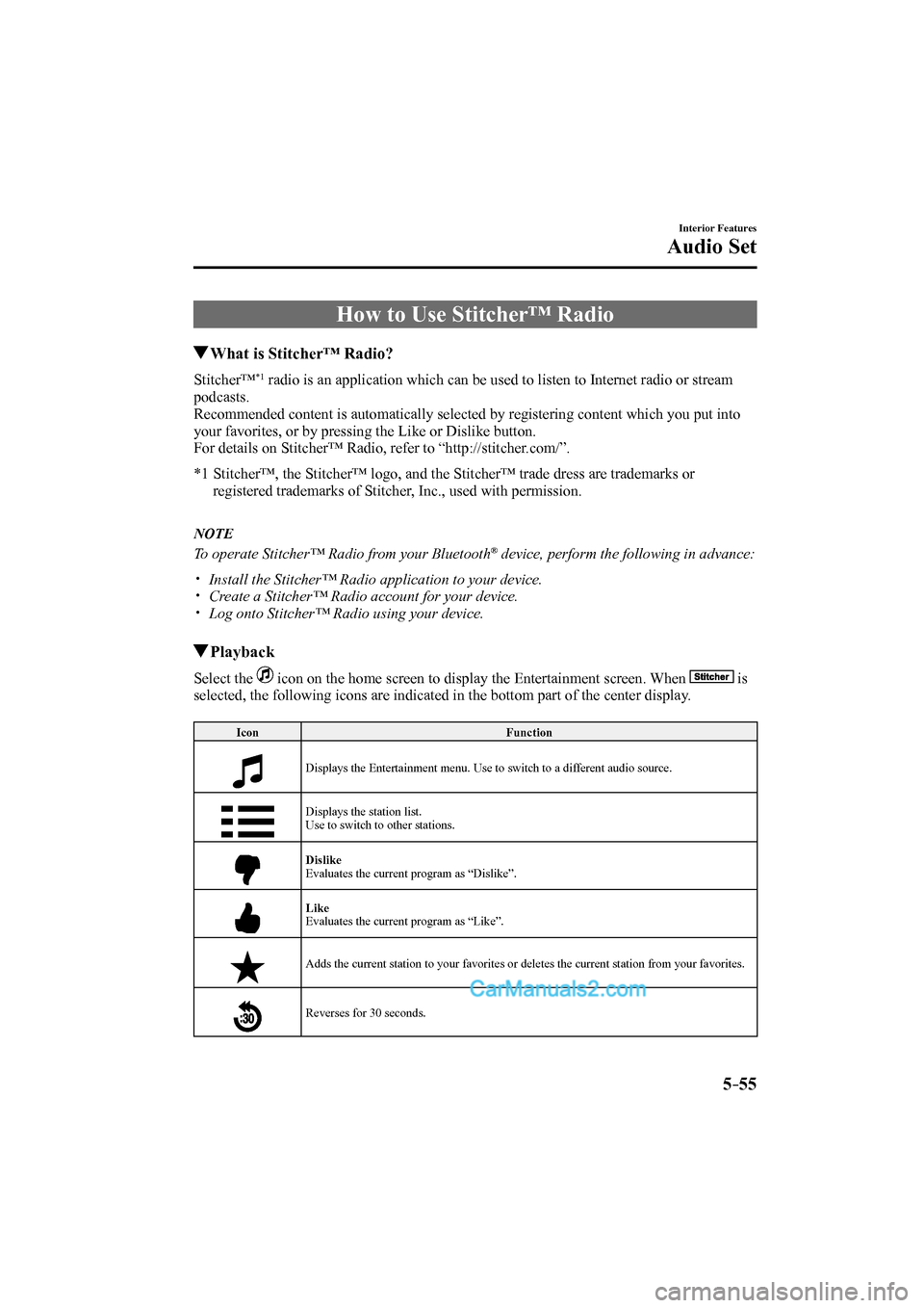 MAZDA MODEL CX-9 2017 Owners Manual (in English) 5–55
Interior Features
Audio Set
How to Use Stitcher™ Radio
What is Stitcher™ Radio?
Stitcher™ *1 radio is an application which can be used to listen to Internet radio or stream
pod MAZDA MODEL CX-9 2017 Owners Manual (in English) 5–55
Interior Features
Audio Set
How to Use Stitcher™ Radio
What is Stitcher™ Radio?
Stitcher™ *1 radio is an application which can be used to listen to Internet radio or stream
pod