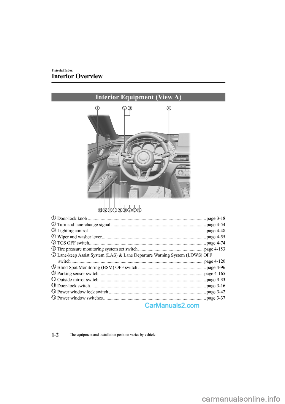 MAZDA MODEL CX-9 2017  Owners Manual (in English) 1–2
Pictorial Index
Interior Overview
      Interior  Equipment  (View  A)
    
���
  Door-lock knob ..............................................................................................