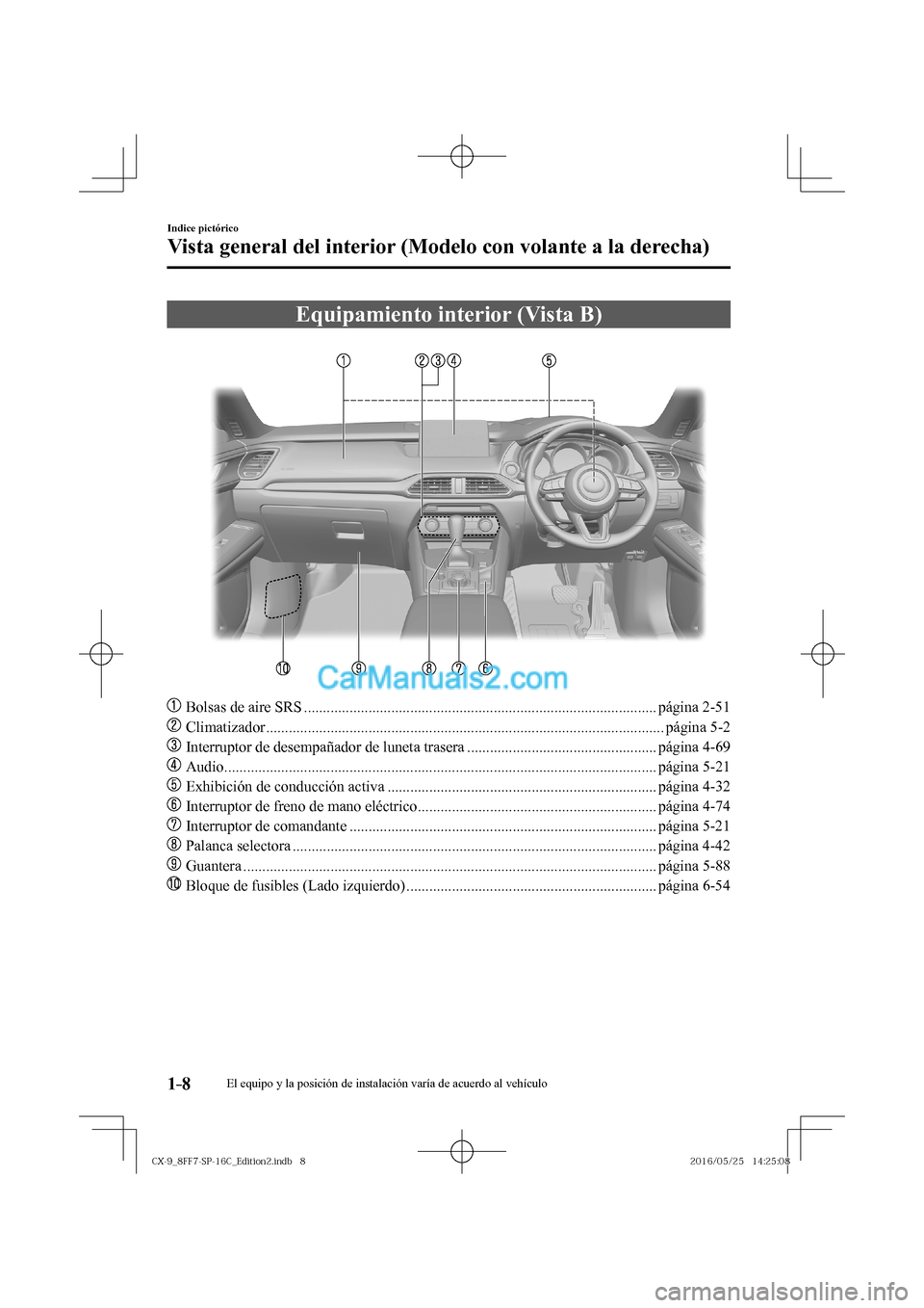 MAZDA MODEL CX-9 2017  Manual del propietario (in Spanish)  1–8
Indice pictórico
Vista general del interior (Modelo con volante a la derecha)
 Equipamiento interior (Vista B)
    
���
  Bolsas de aire SRS .................................................