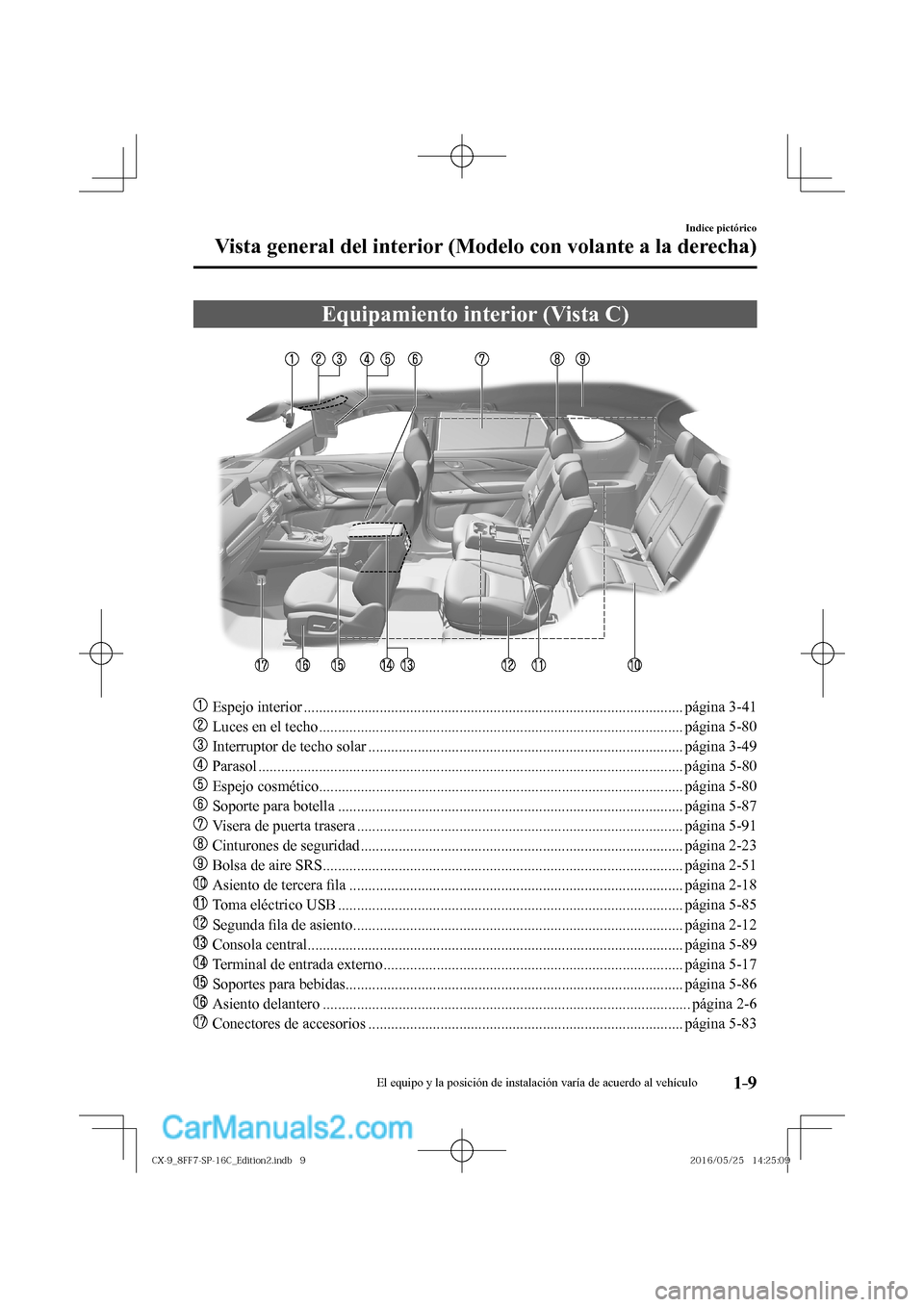 MAZDA MODEL CX-9 2017  Manual del propietario (in Spanish)  1–9
Indice pictórico
Vista general del interior (Modelo con volante a la derecha)
 Equipamiento interior (Vista C)
    
���
  Espejo interior ....................................................