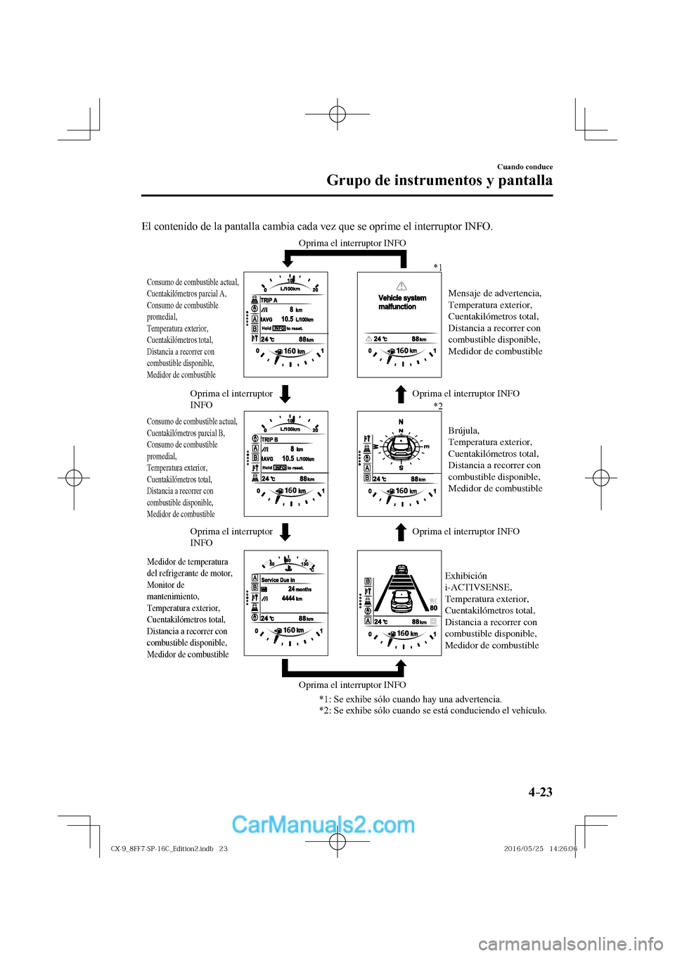 MAZDA MODEL CX-9 2017  Manual del propietario (in Spanish)  4–23
Cuando conduce
Grupo de instrumentos y pantalla
  El contenido de la pantalla cambia cada vez que se oprime el interruptor INFO.
 
Oprima el interruptor 
INFOOprima el interruptor INFO
Oprima e