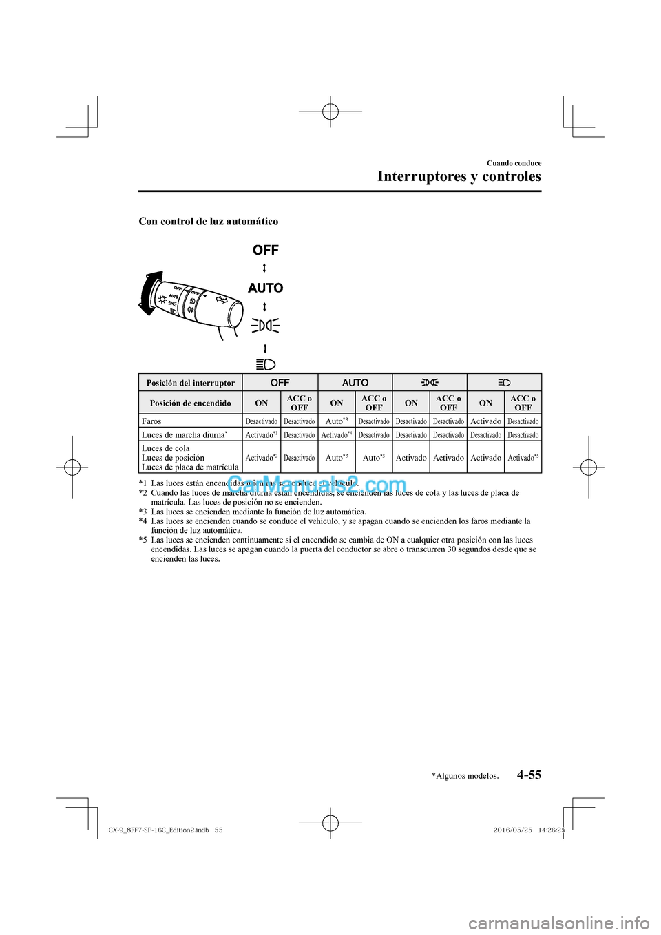 MAZDA MODEL CX-9 2017  Manual del propietario (in Spanish)  4–55
Cuando conduce
Interruptores y controles
*Algunos modelos.
    Con control de luz automático 
  
 
 
 Posición del interruptor 
        
 Posición  de  encendido    ON   ACC  o 
 OFF    O N 