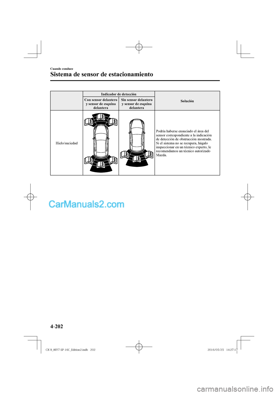 MAZDA MODEL CX-9 2017  Manual del propietario (in Spanish)  4–202
Cuando conduce
Sistema de sensor de estacionamiento
 Indicador de detección 
 Solución   Con sensor delantero 
y sensor de esquina 
delantera  Sin sensor delantero 
y sensor de esquina 
dela