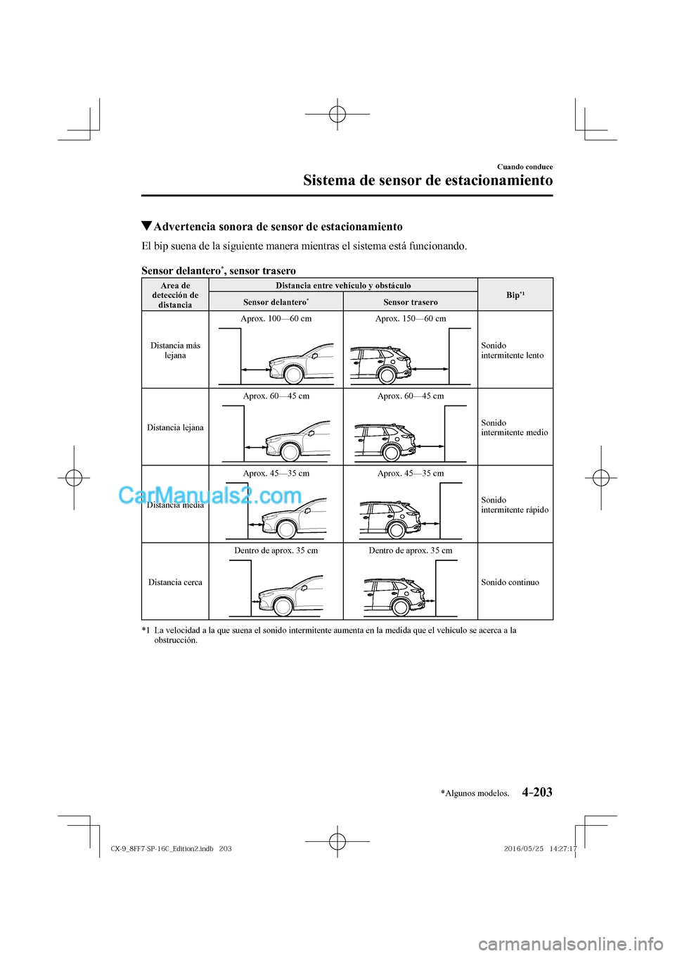 MAZDA MODEL CX-9 2017  Manual del propietario (in Spanish)  4–203
Cuando conduce
Sistema de sensor de estacionamiento
*Algunos modelos.
          Advertencia sonora de sensor de estacionamiento
    El bip suena de la siguiente manera mientras el sistema est