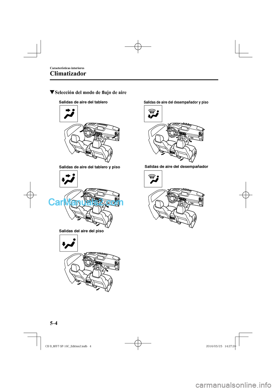 MAZDA MODEL CX-9 2017  Manual del propietario (in Spanish)  5–4
Características interiores
Climatizador
          Selección del modo de �À ujo de aire
   
Salidas de aire del tablero
Salidas de aire del tablero y piso
Salidas del aire del pisoSalidas de a