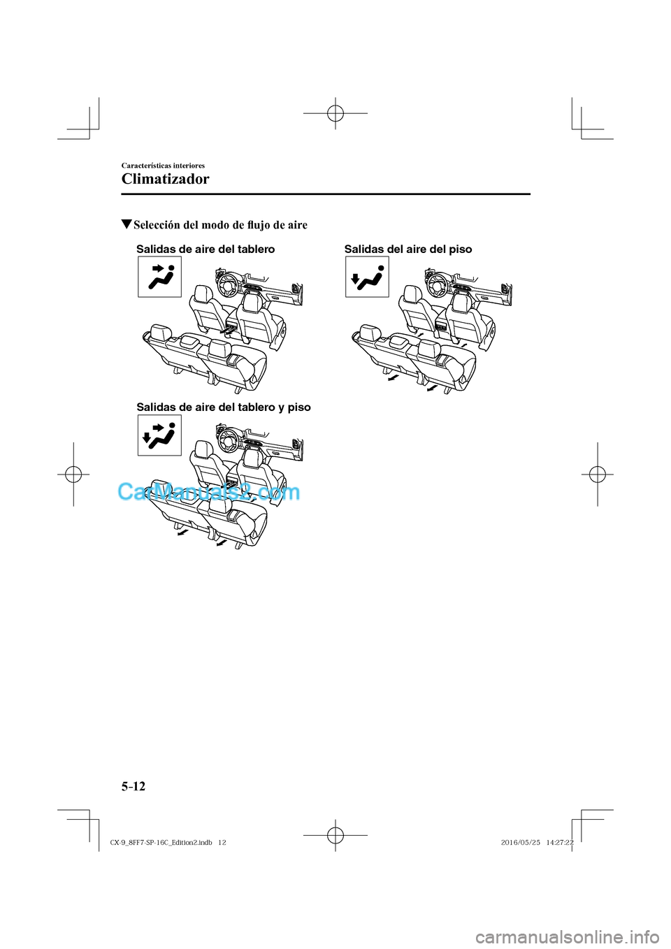 MAZDA MODEL CX-9 2017  Manual del propietario (in Spanish)  5–12
Características interiores
Climatizador
          Selección del modo de �À ujo de aire
   
Salidas de aire del tablero
Salidas de aire del tablero y pisoSalidas del aire del piso
 
�$�9���