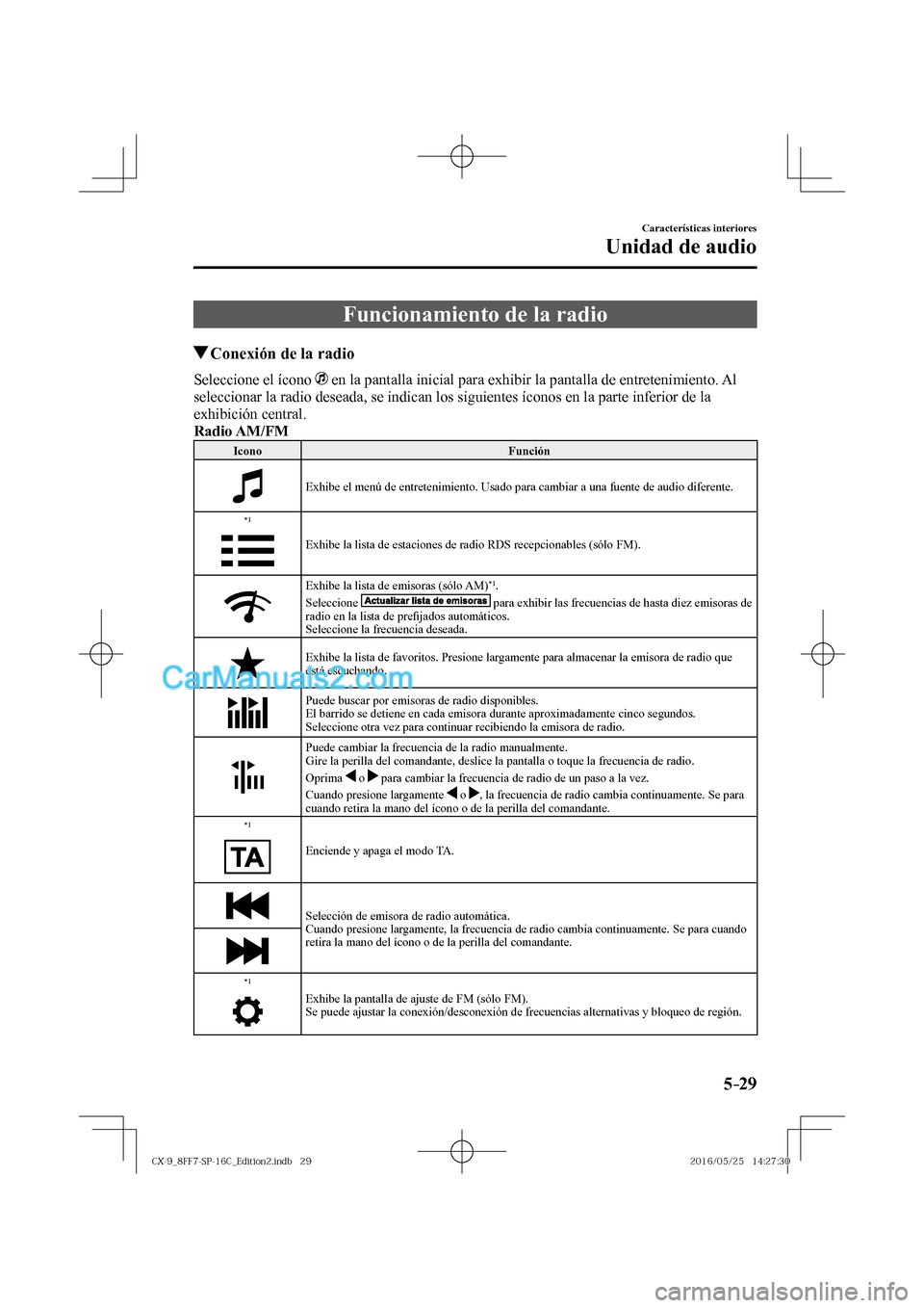 MAZDA MODEL CX-9 2017  Manual del propietario (in Spanish)  5–29
Características interiores
Unidad de audio
 Funcionamiento de la radio
                 Conexión de la radio
    Seleccione  el  ícono     en la pantalla inicial para exhibir la pantalla de 