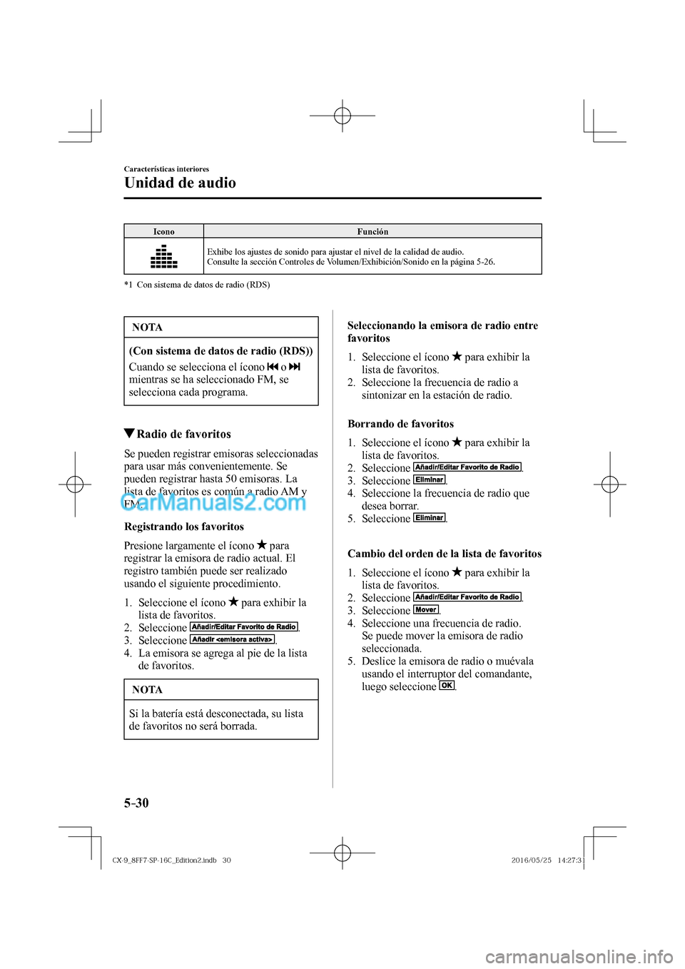 MAZDA MODEL CX-9 2017  Manual del propietario (in Spanish)  5–30
Características interiores
Unidad de audio
 Icono   Función 
 
  Exhibe los ajustes de sonido para ajustar el nivel de la calidad de audio.
  Consulte la sección Controles de Volumen/Exhibic
