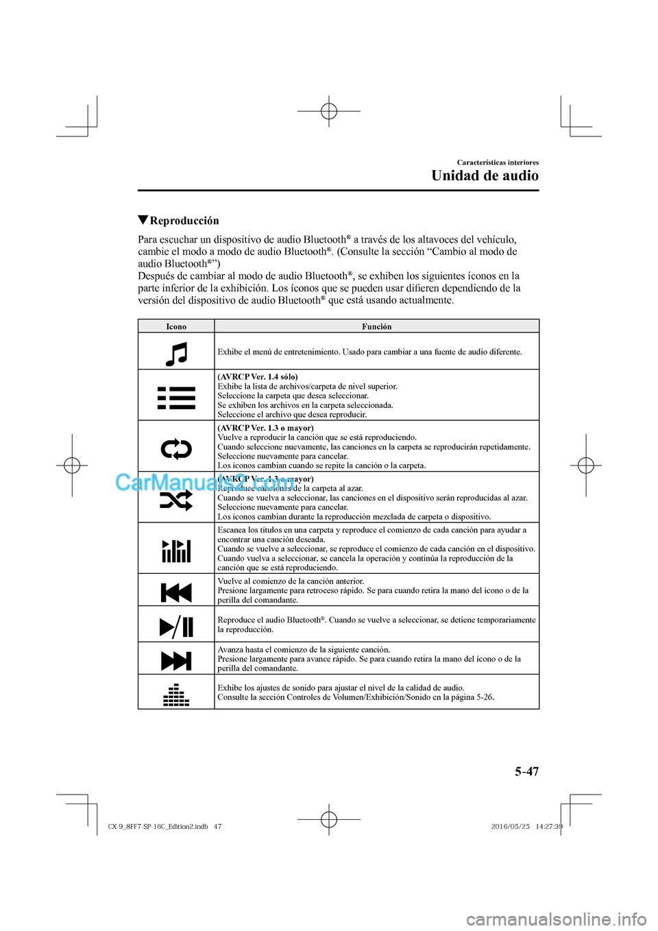 MAZDA MODEL CX-9 2017  Manual del propietario (in Spanish)  5–47
Características interiores
Unidad de audio
          Reproducción
    Para escuchar un dispositivo de audio Bluetooth ®  a través de los altavoces del vehículo, 
cambie el modo a modo de a