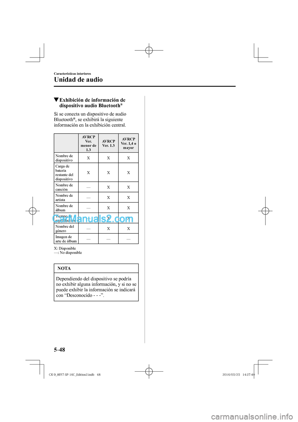 MAZDA MODEL CX-9 2017  Manual del propietario (in Spanish)  5–48
Características interiores
Unidad de audio
          Exhibición de información de 
dispositivo audio Bluetooth ® 
    Si se conecta un dispositivo de audio 
Bluetooth ® , se exhibirá la s
