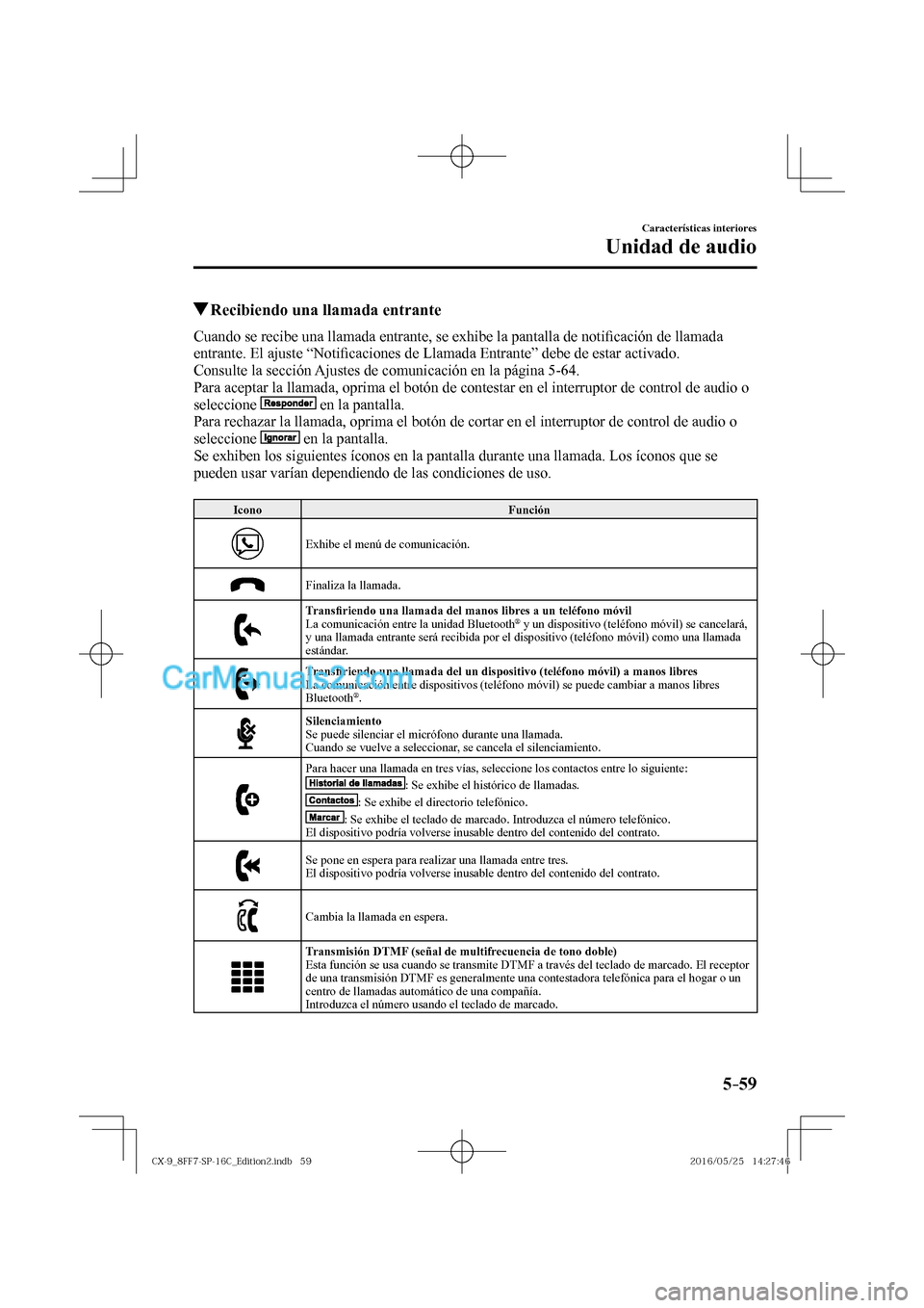 MAZDA MODEL CX-9 2017  Manual del propietario (in Spanish)  5–59
Características interiores
Unidad de audio
          Recibiendo una llamada entrante
    Cuando se recibe una llamada entrante, se exhibe la pantalla de noti�¿ cación de llamada 
entrante. E