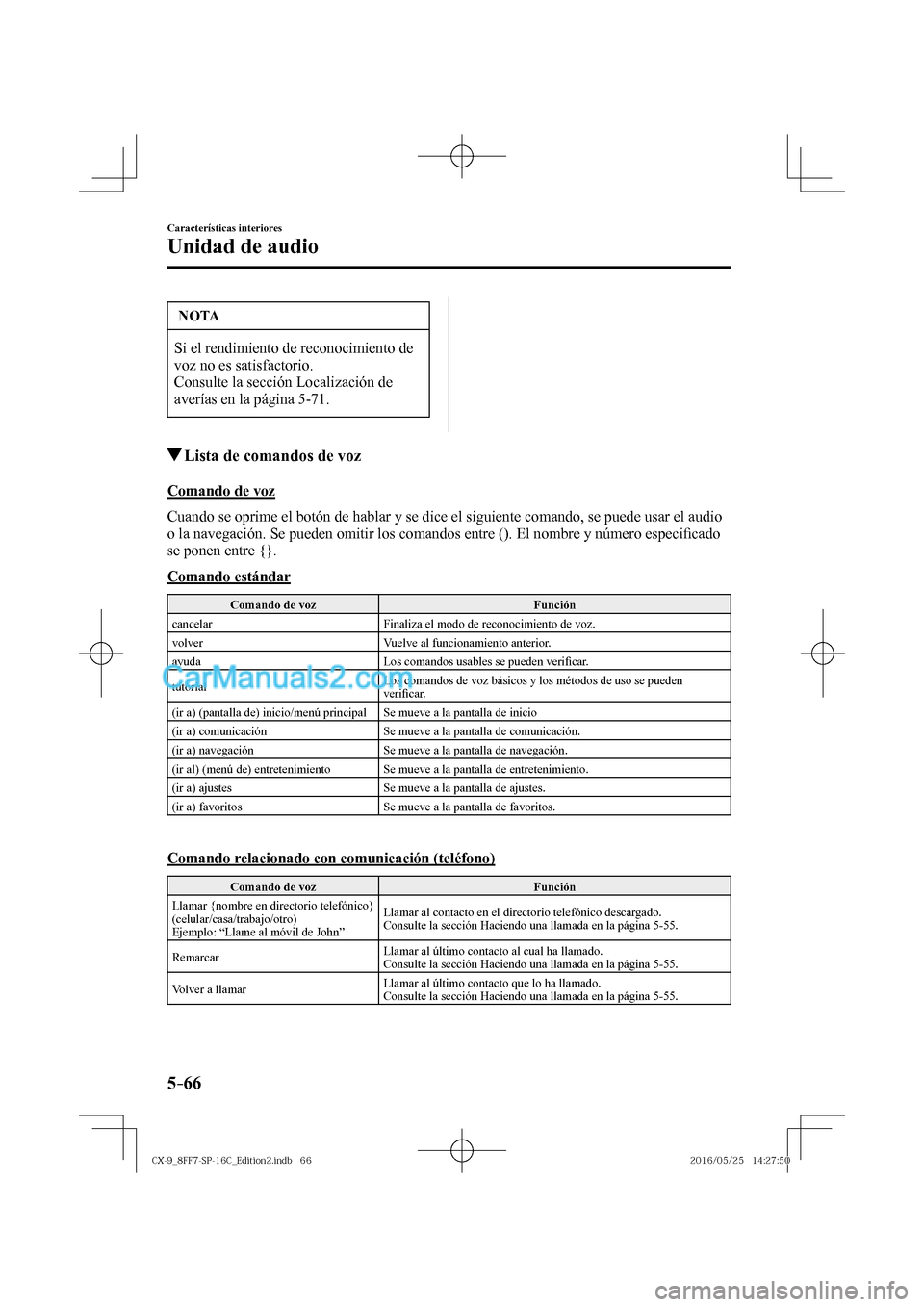 MAZDA MODEL CX-9 2017  Manual del propietario (in Spanish)  5–66
Características interiores
Unidad de audio
 NOTA
 Si el rendimiento de reconocimiento de 
voz no es satisfactorio. 
 Consulte la sección Localización de 
averías en la página  5-71 . 
    