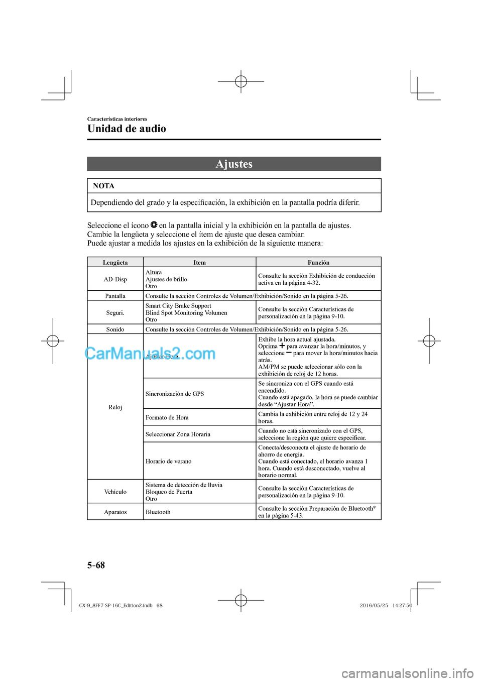 MAZDA MODEL CX-9 2017  Manual del propietario (in Spanish)  5–68
Características interiores
Unidad de audio
 Ajustes
 NOTA
 Dependiendo del grado y la especi�¿ cación, la exhibición en la pantalla podría diferir. 
  Seleccione el ícono  
  en la pantal