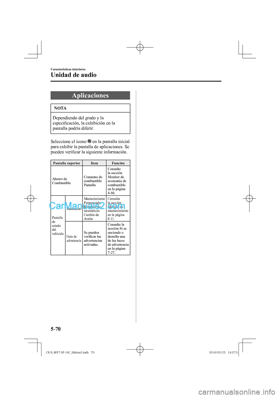 MAZDA MODEL CX-9 2017  Manual del propietario (in Spanish)  5–70
Características interiores
Unidad de audio
 Aplicaciones
 NOTA
 Dependiendo del grado y la 
especi�¿ cación, la exhibición en la 
pantalla podría diferir. 
  Seleccione el ícono  
  en la