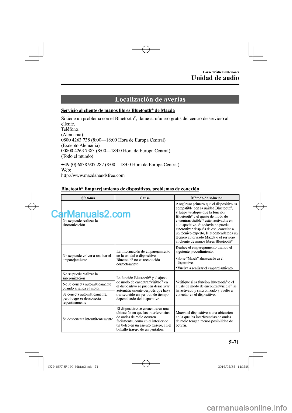 MAZDA MODEL CX-9 2017 Manual del propietario (in Spanish) 5–71
Características interiores
Unidad de audio
Localización de averías
Servicio al cliente de manos libres Bluetooth ® de Mazda
Si tiene un problema con el Bluetooth
® MAZDA MODEL CX-9 2017 Manual del propietario (in Spanish) 5–71
Características interiores
Unidad de audio
Localización de averías
Servicio al cliente de manos libres Bluetooth ® de Mazda
Si tiene un problema con el Bluetooth
®