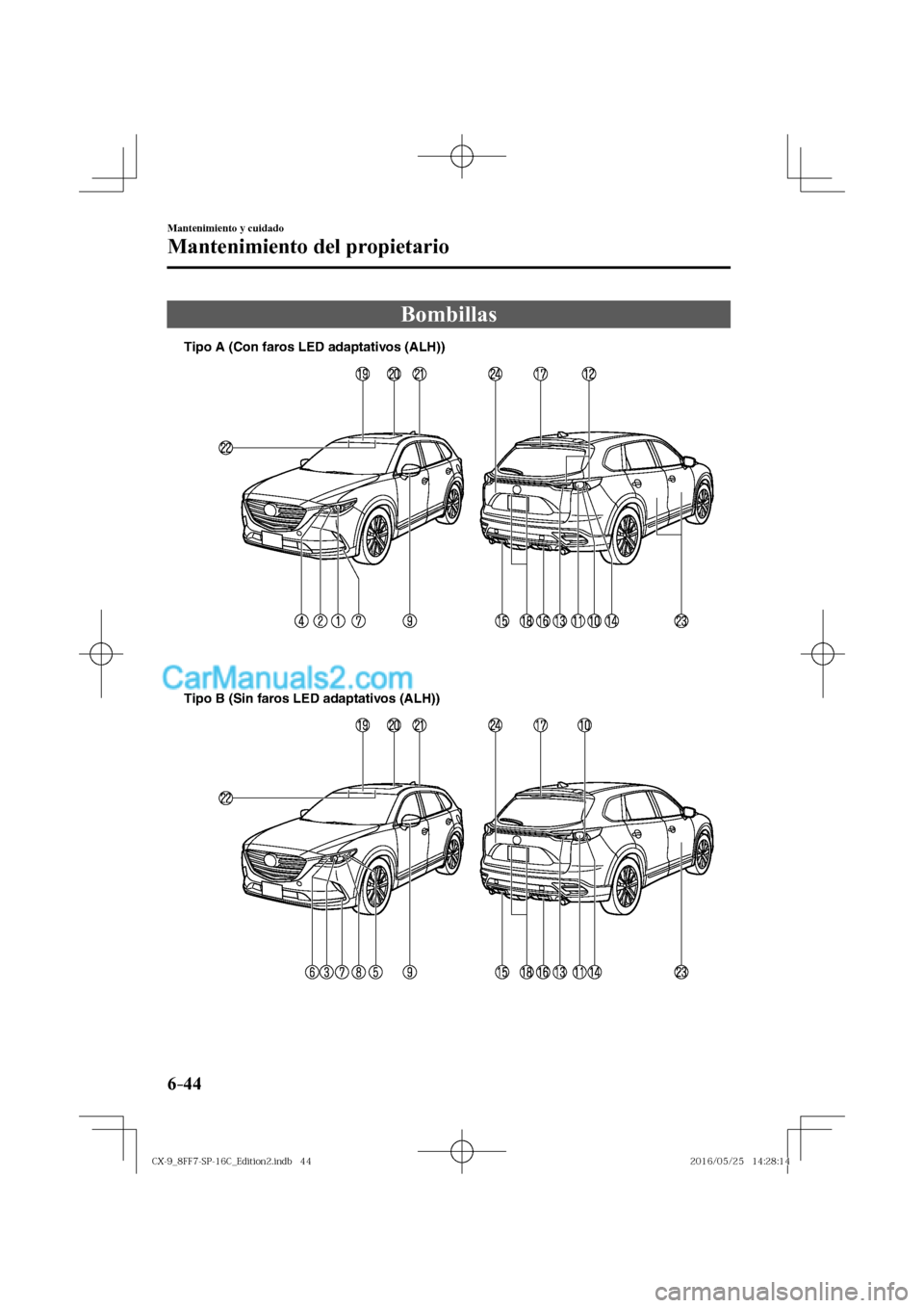 MAZDA MODEL CX-9 2017  Manual del propietario (in Spanish)  6–44
Mantenimiento y cuidado
Mantenimiento del propietario
 Bombillas
             
Tipo A (Con faros LED adaptativos (ALH))
Tipo B (Sin faros LED adaptativos (ALH))
 
�$�9���@������4�1���