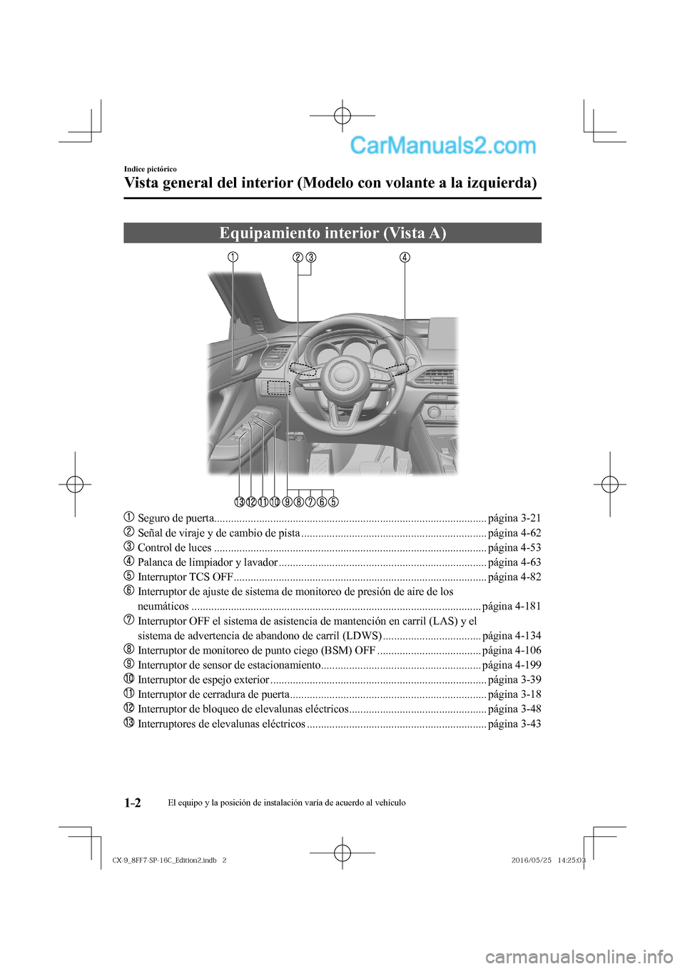 MAZDA MODEL CX-9 2017  Manual del propietario (in Spanish)  1–2
Indice pictórico
Vista general del interior (Modelo con volante a la izquierda)
      Equipamiento  interior  (Vista  A)
    
���
  Seguro de puerta..........................................