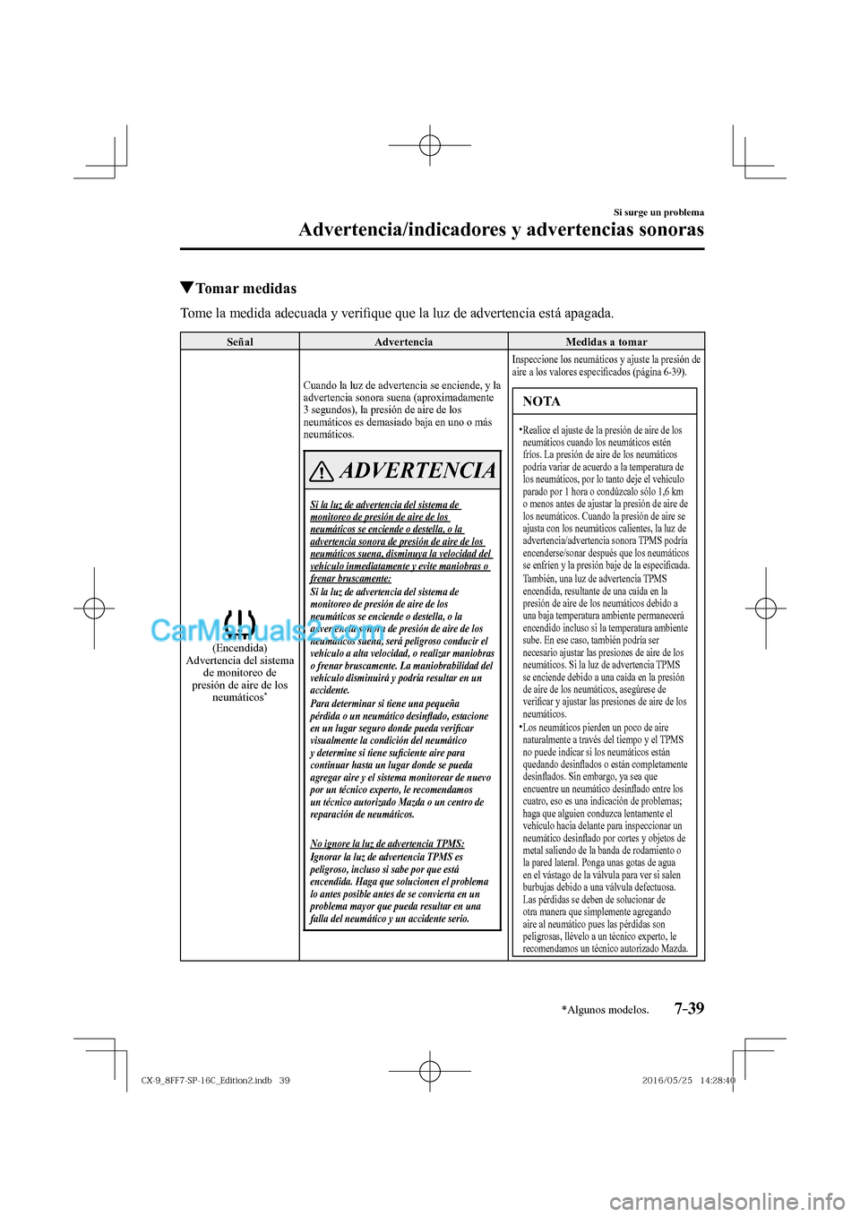 MAZDA MODEL CX-9 2017  Manual del propietario (in Spanish)  7–39
Si surge un problema
Advertencia/indicadores y advertencias sonoras
*Algunos modelos.
          Tomar  medidas
    Tome la medida adecuada y veri�¿ que que la luz de advertencia está apagada.
