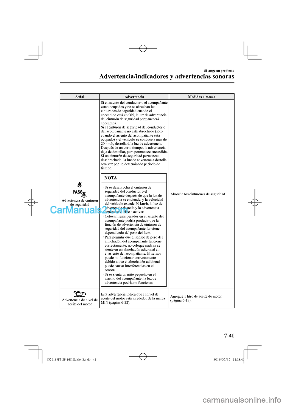 MAZDA MODEL CX-9 2017  Manual del propietario (in Spanish)  7–41
Si surge un problema
Advertencia/indicadores y advertencias sonoras
 Señal   Advertencia   Medidas  a  tomar 
 
 
 Advertencia de cinturón 
de seguridad  Si el asiento del conductor o el acom