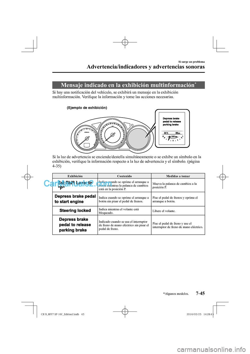 MAZDA MODEL CX-9 2017  Manual del propietario (in Spanish)  7–45
Si surge un problema
Advertencia/indicadores y advertencias sonoras
*Algunos modelos.
 Mensaje indicado en la exhibición multinformación * 
            Si  hay  una  noti�¿ cación del vehí