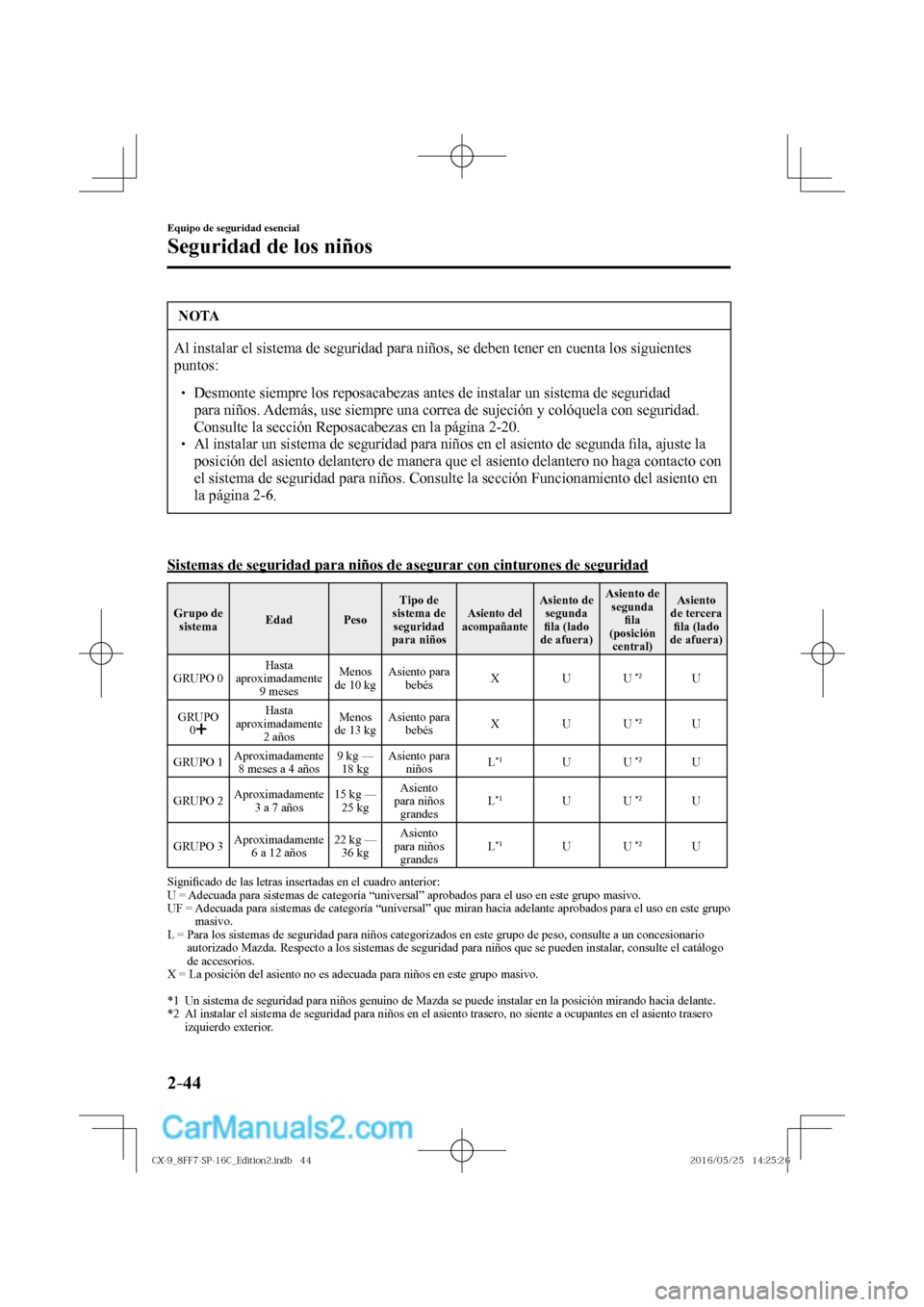 MAZDA MODEL CX-9 2017  Manual del propietario (in Spanish)  2–44
Equipo de seguridad esencial
Seguridad de los niños
 NOTA
 Al instalar el sistema de seguridad para niños, se deben tener en cuenta los siguientes 
puntos: 
 � �
� ��  Desmonte siempre lo