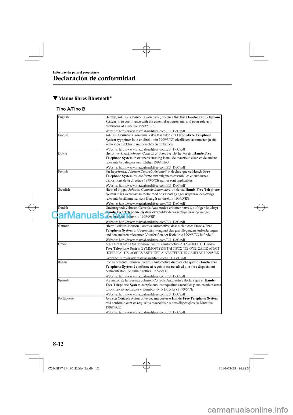 MAZDA MODEL CX-9 2017  Manual del propietario (in Spanish)  8–12
Información para el propietario
Declaración de conformidad
          Manos libres Bluetooth ® 
   
Tipo A/Tipo B
 
�$�9���@������4�1����$�@�&�E�J�U�J�P�O���J�O�E�C������$�9�
